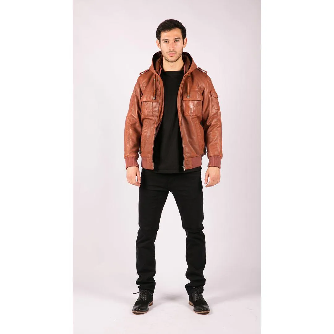 Mens Real Leather Hood Bomber Jacket Tan Timber Brown Washed Vintage Quilted