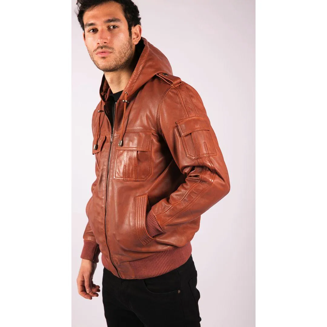 Mens Real Leather Hood Bomber Jacket Tan Timber Brown Washed Vintage Quilted