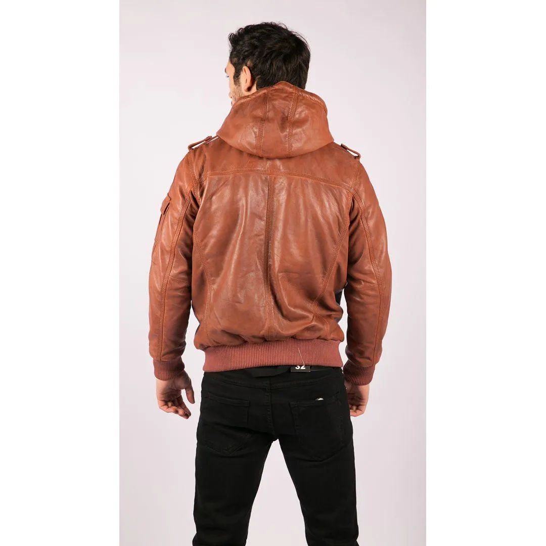 Mens Real Leather Hood Bomber Jacket Tan Timber Brown Washed Vintage Quilted