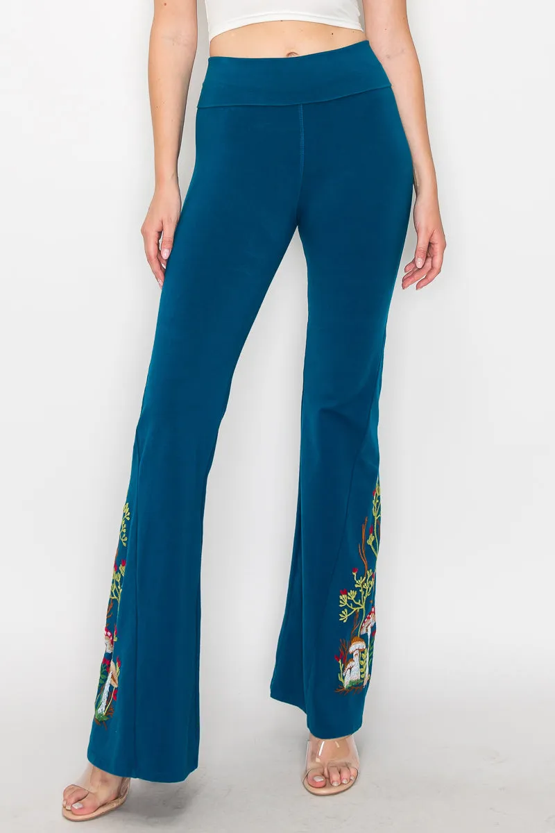 Mushroom Embroidery Bell Bottom Pants