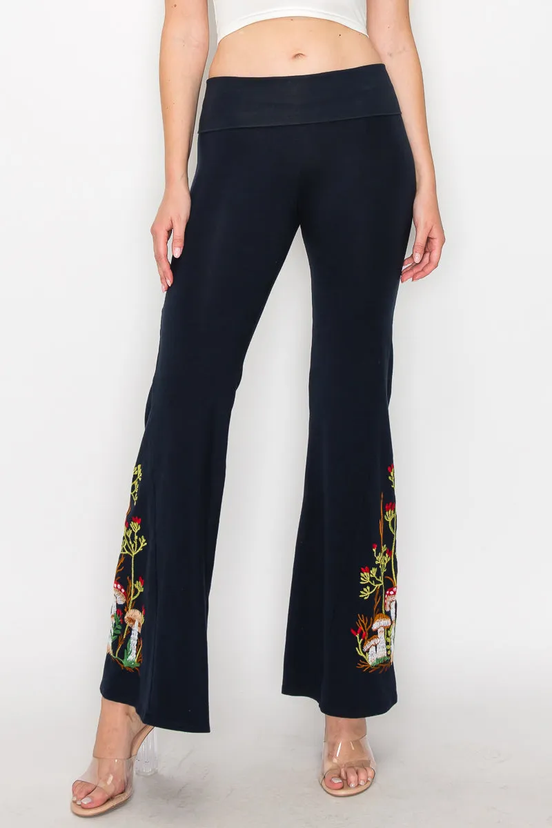 Mushroom Embroidery Bell Bottom Pants