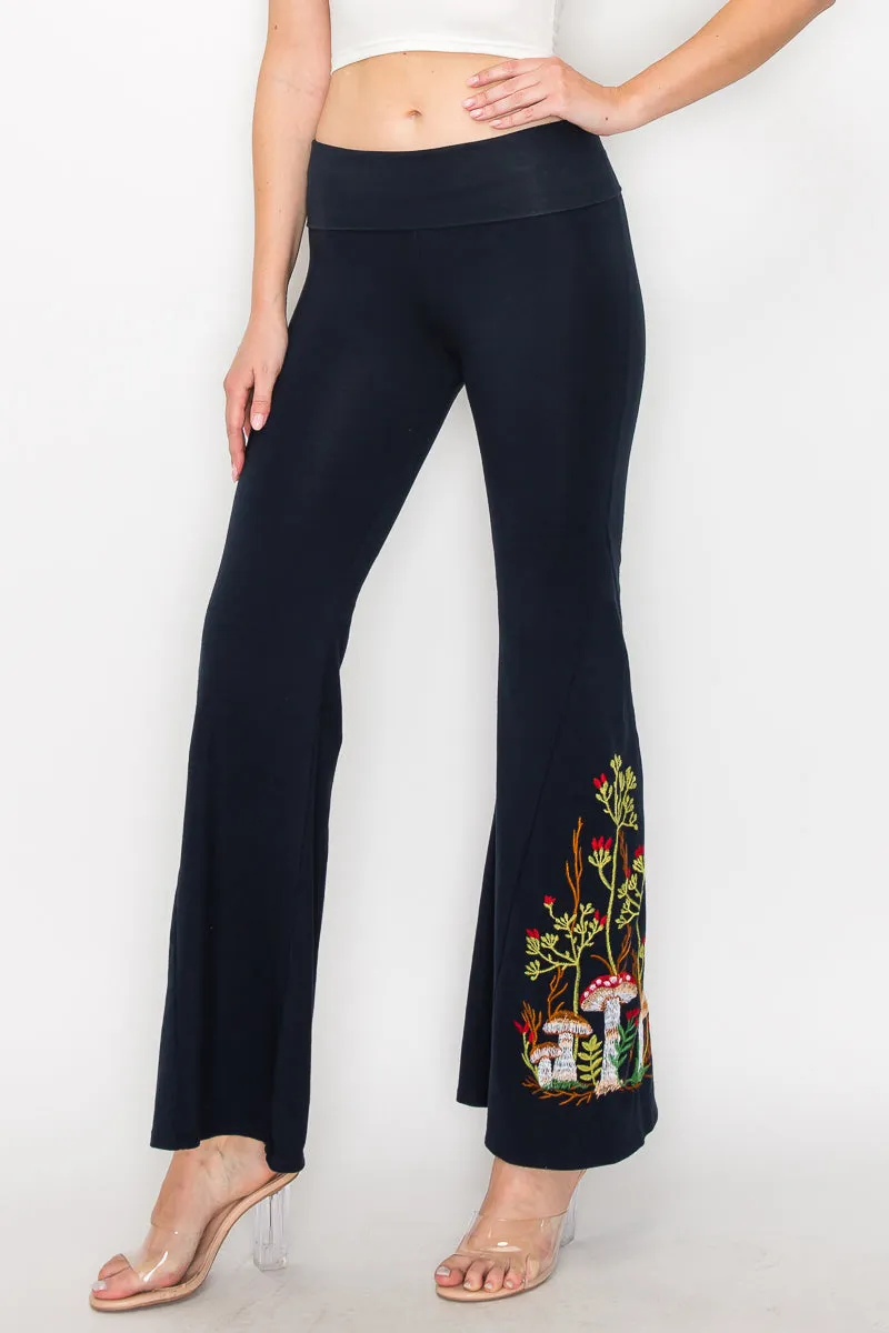 Mushroom Embroidery Bell Bottom Pants