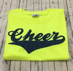 Neon Yellow Cheer T-shirt with Sapphire Glitter Vinyl