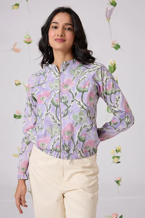 Okhai "Lavender Love" Hand-Embroidered Mirrorwork Handblock Printed Pure Cotton Bomber Jacket