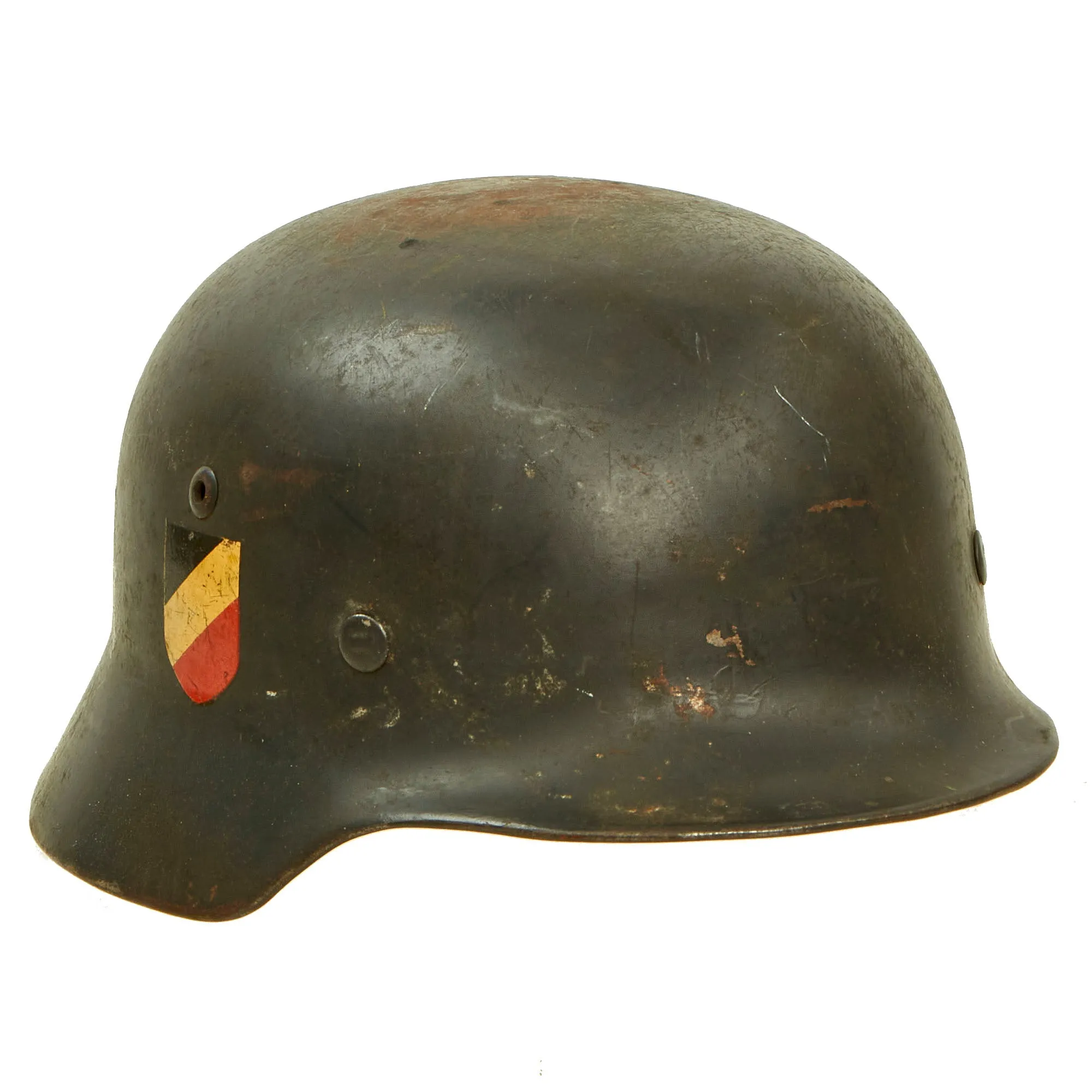 Original German WWII 1939 Dated Luftwaffe M35 Double Decal Helmet with 60cm Liner & Chinstrap in Named USGI Bring Back Box - NS68