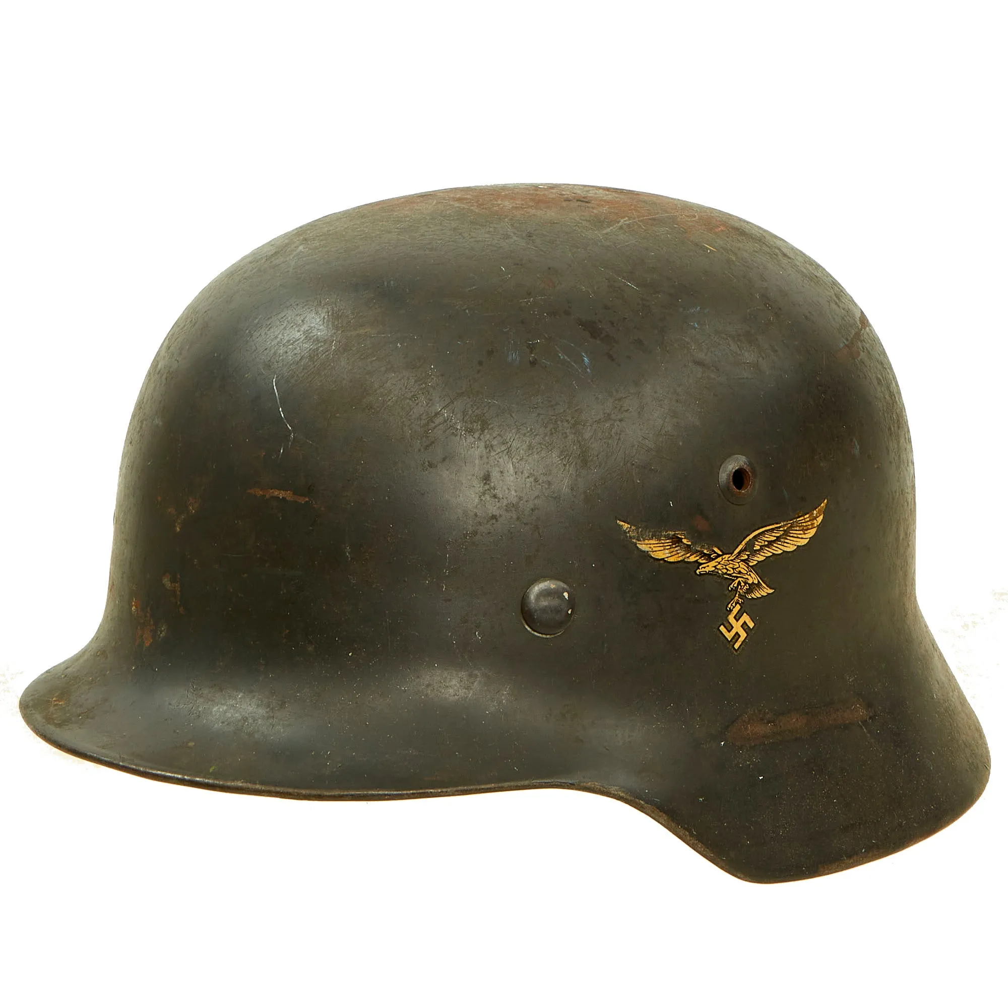 Original German WWII 1939 Dated Luftwaffe M35 Double Decal Helmet with 60cm Liner & Chinstrap in Named USGI Bring Back Box - NS68