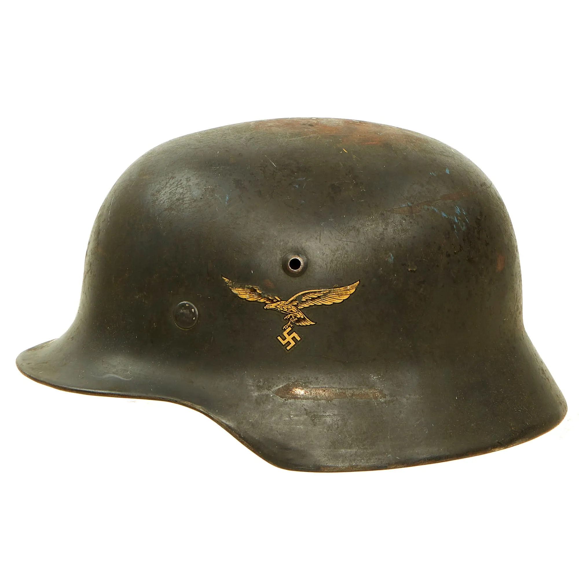 Original German WWII 1939 Dated Luftwaffe M35 Double Decal Helmet with 60cm Liner & Chinstrap in Named USGI Bring Back Box - NS68