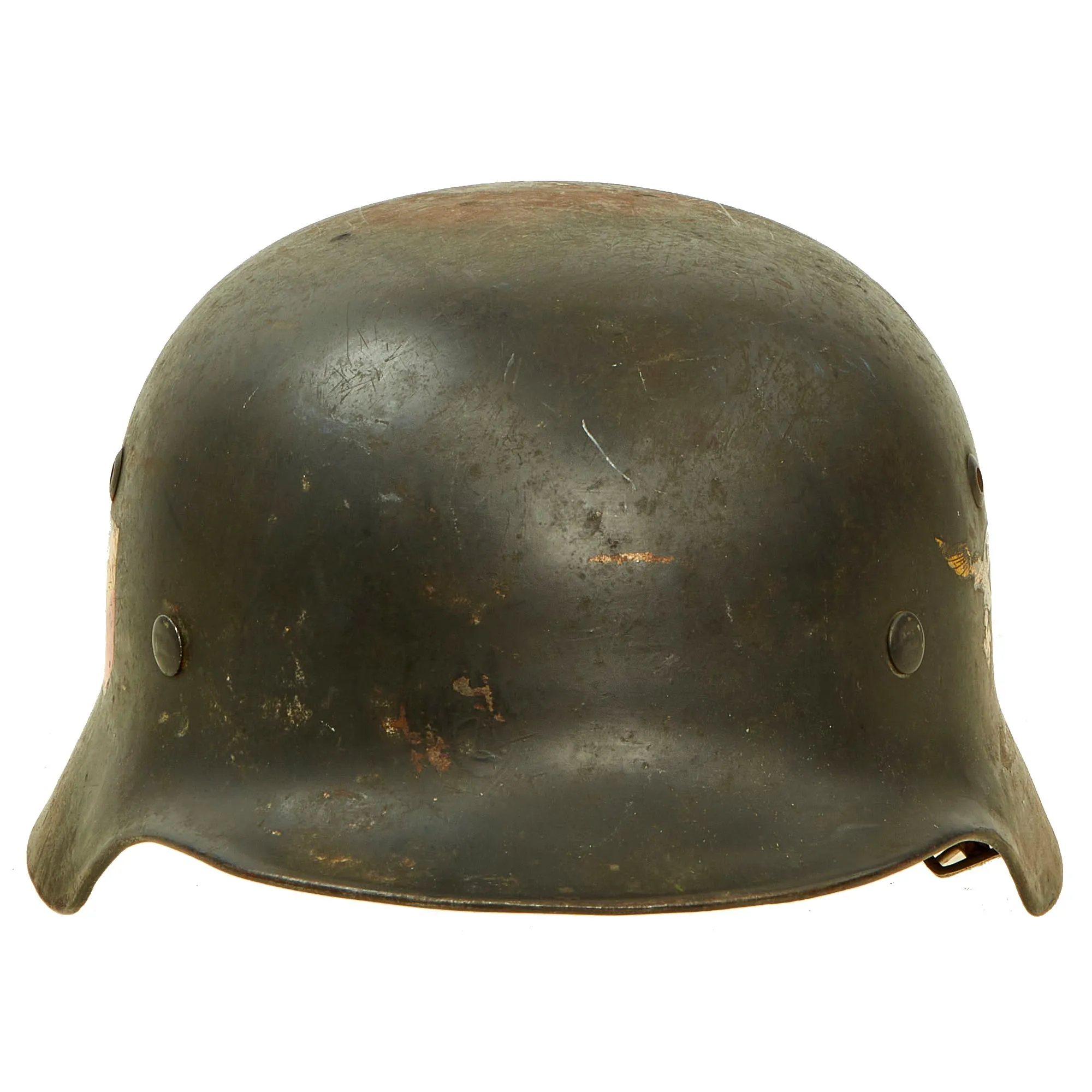 Original German WWII 1939 Dated Luftwaffe M35 Double Decal Helmet with 60cm Liner & Chinstrap in Named USGI Bring Back Box - NS68