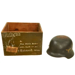 Original German WWII 1939 Dated Luftwaffe M35 Double Decal Helmet with 60cm Liner & Chinstrap in Named USGI Bring Back Box - NS68