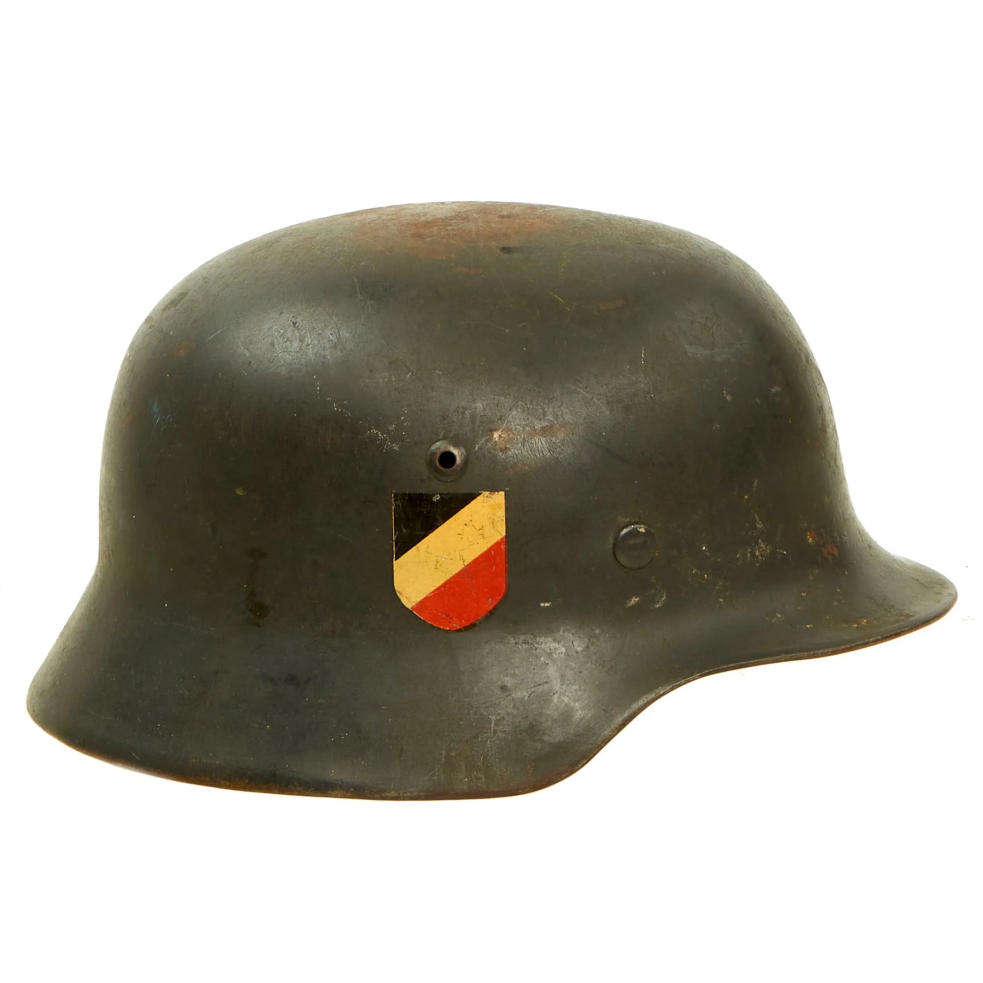 Original German WWII 1939 Dated Luftwaffe M35 Double Decal Helmet with 60cm Liner & Chinstrap in Named USGI Bring Back Box - NS68