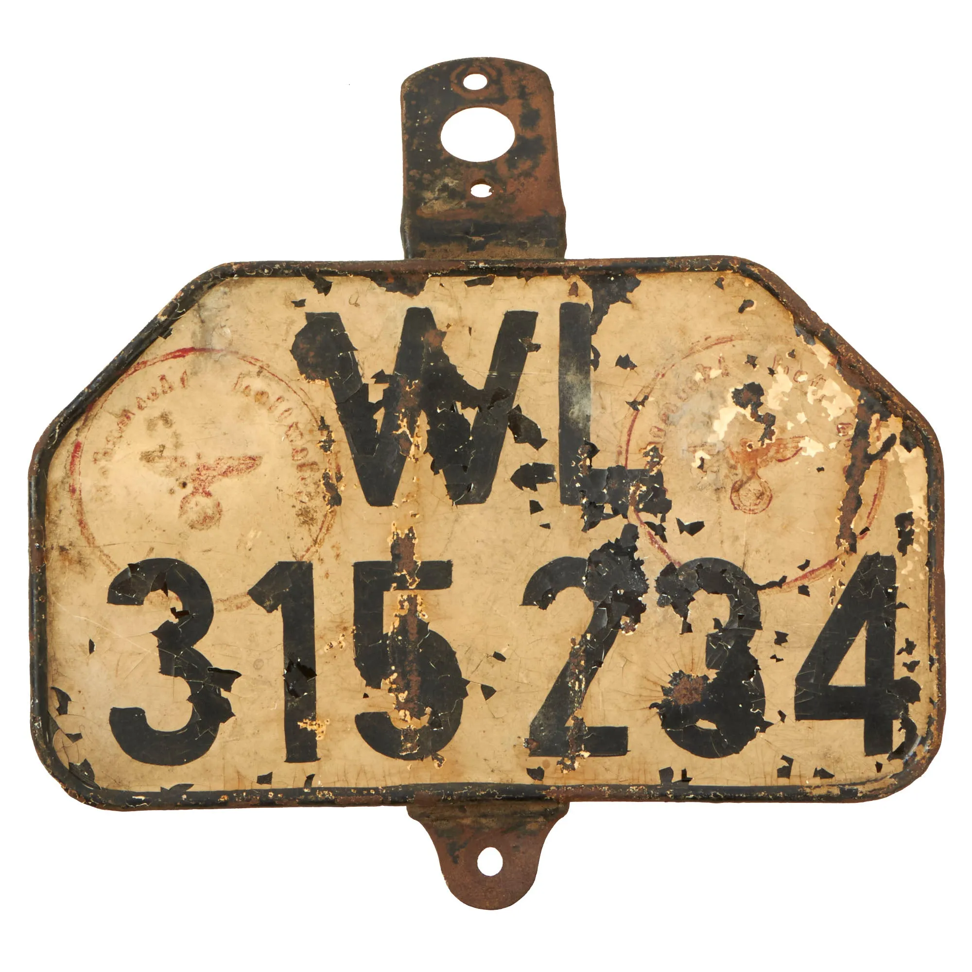 Original German WWII Wehrmacht Luftwaffe Army Motorcycle Rear Fender License Plate with Depot Stamps - WL-315 234