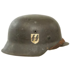 Original Rare German WWII Extra Large Waffen SS M42 Single Decal Textured Paint Helmet with "Relic" 60cm Liner & Partial Chinstrap - ckl68