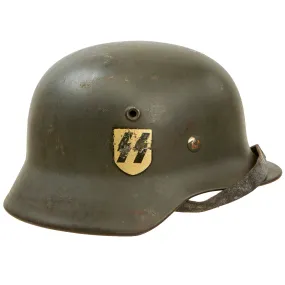 Original Rare German WWII Waffen SS M40 Single Decal Helmet with 55cm Liner and Chinstrap - Stamped ET62