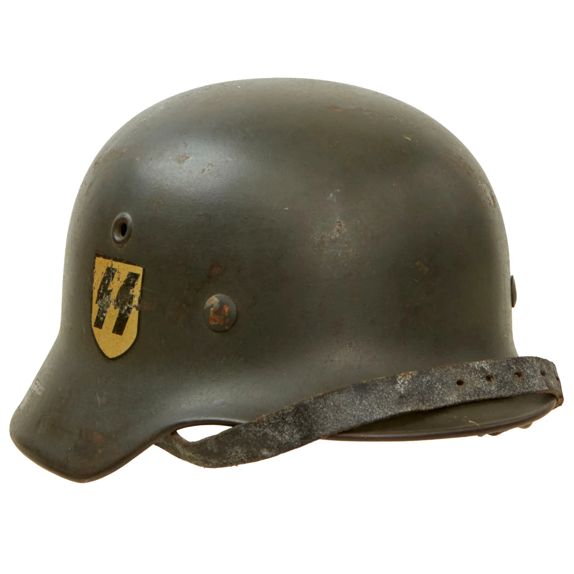 Original Rare German WWII Waffen SS M40 Single Decal Helmet with 55cm Liner and Chinstrap - Stamped ET62