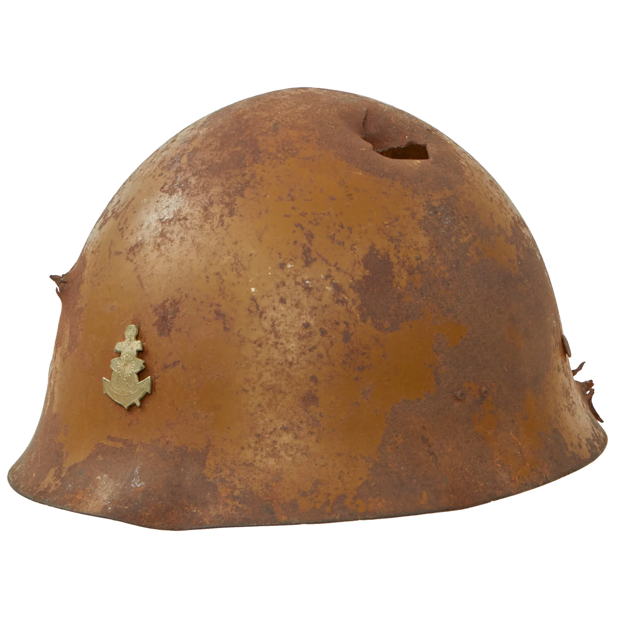 Original WWII Japanese Special Naval Landing Forces (SNLF) Helmet Shell with Metal Badge Insignia - “Battle Damaged”