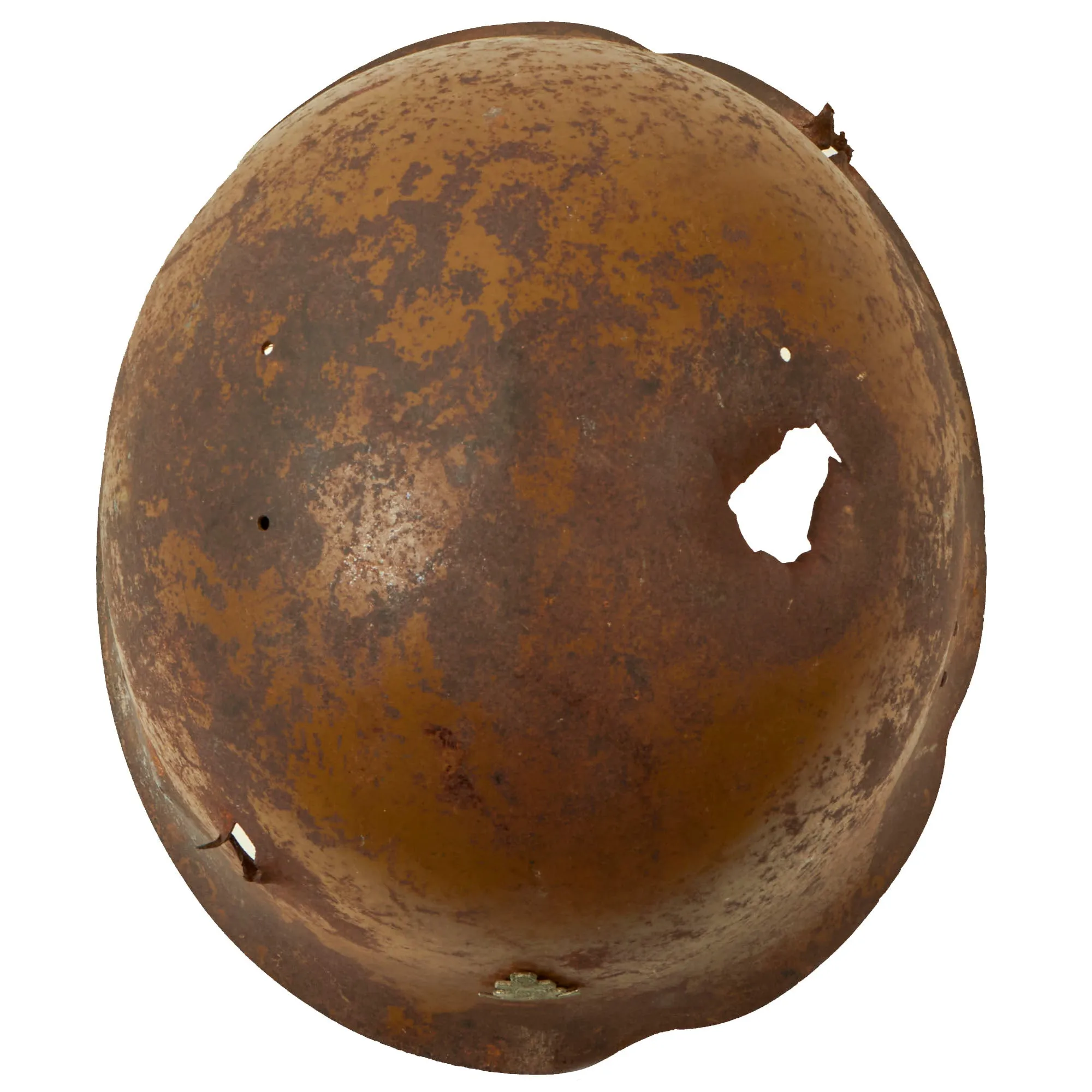 Original WWII Japanese Special Naval Landing Forces (SNLF) Helmet Shell with Metal Badge Insignia - “Battle Damaged”