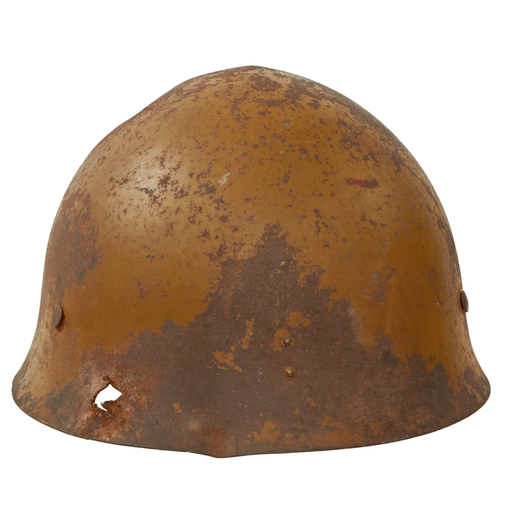 Original WWII Japanese Special Naval Landing Forces (SNLF) Helmet Shell with Metal Badge Insignia - “Battle Damaged”