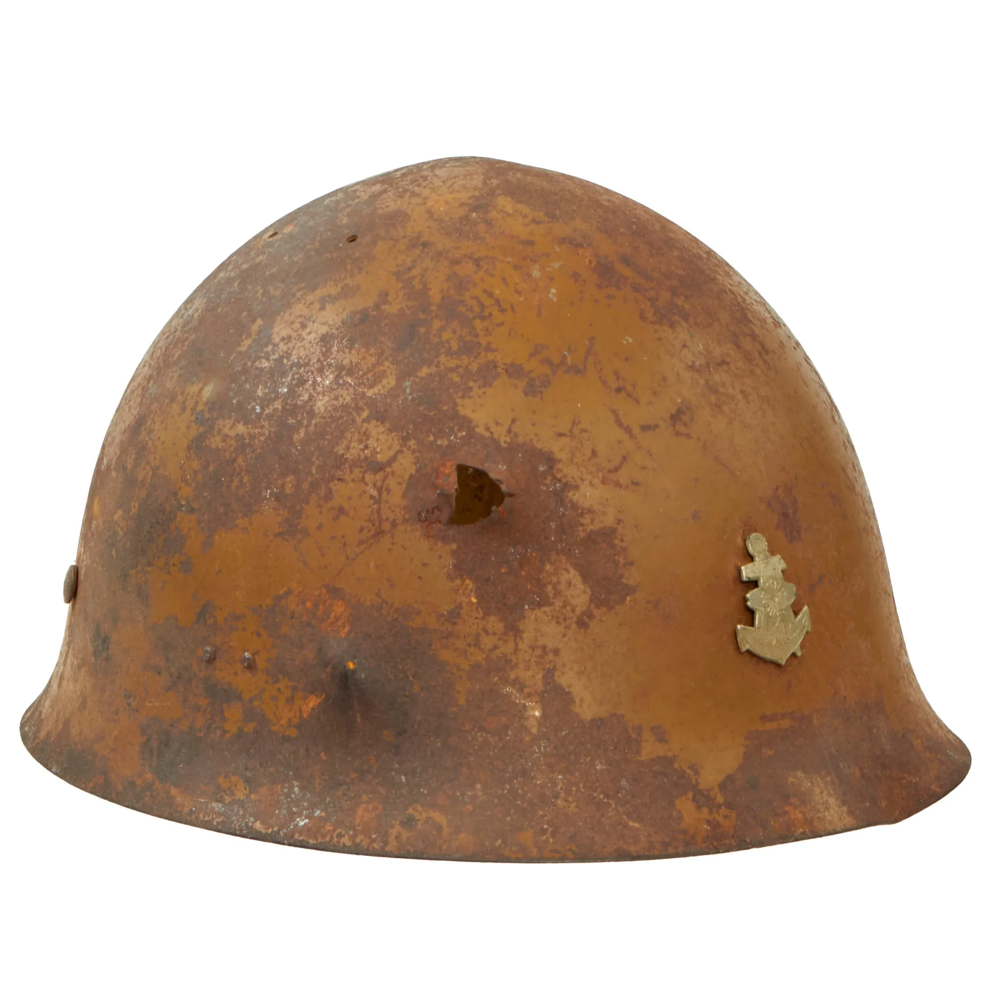 Original WWII Japanese Special Naval Landing Forces (SNLF) Helmet Shell with Metal Badge Insignia - “Battle Damaged”