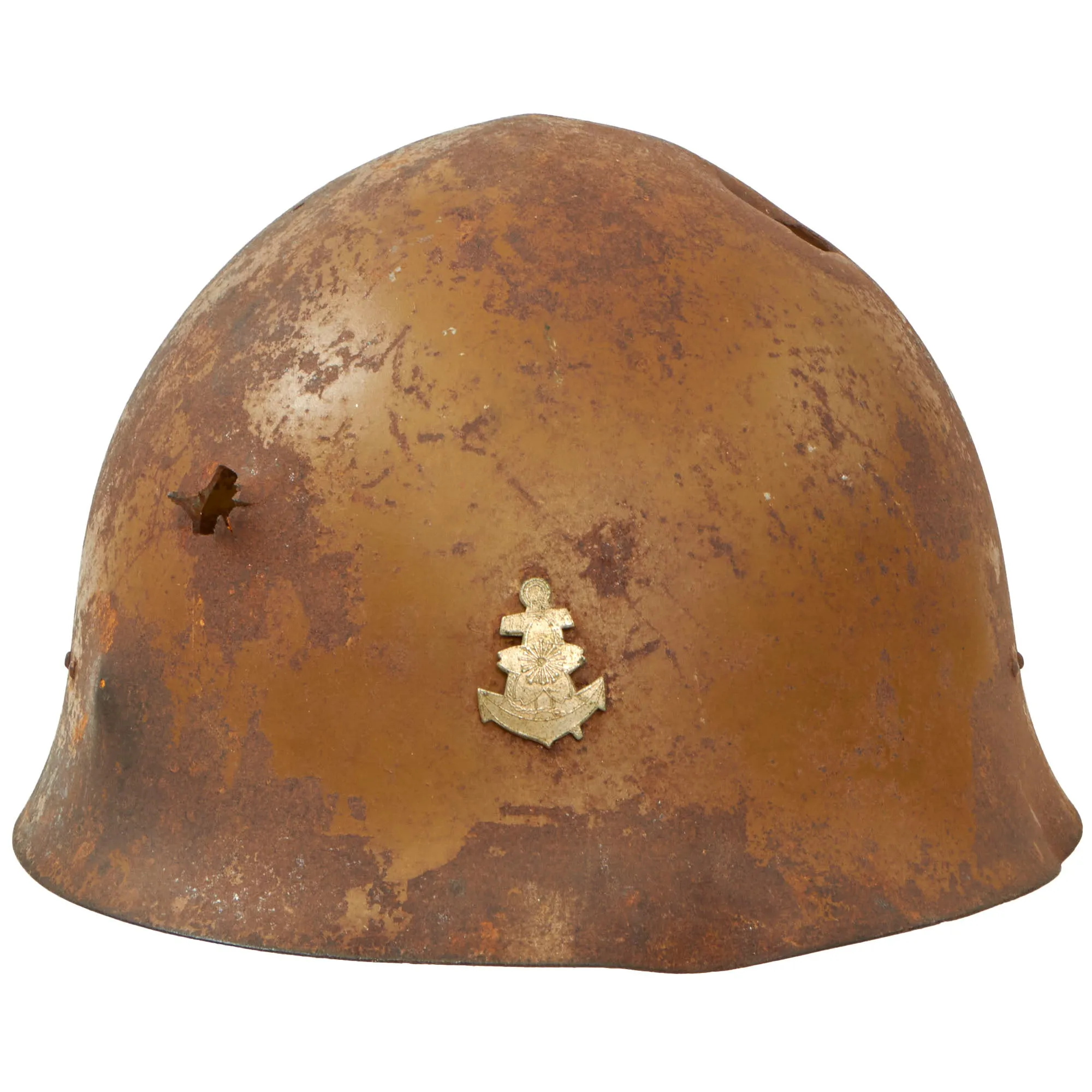 Original WWII Japanese Special Naval Landing Forces (SNLF) Helmet Shell with Metal Badge Insignia - “Battle Damaged”