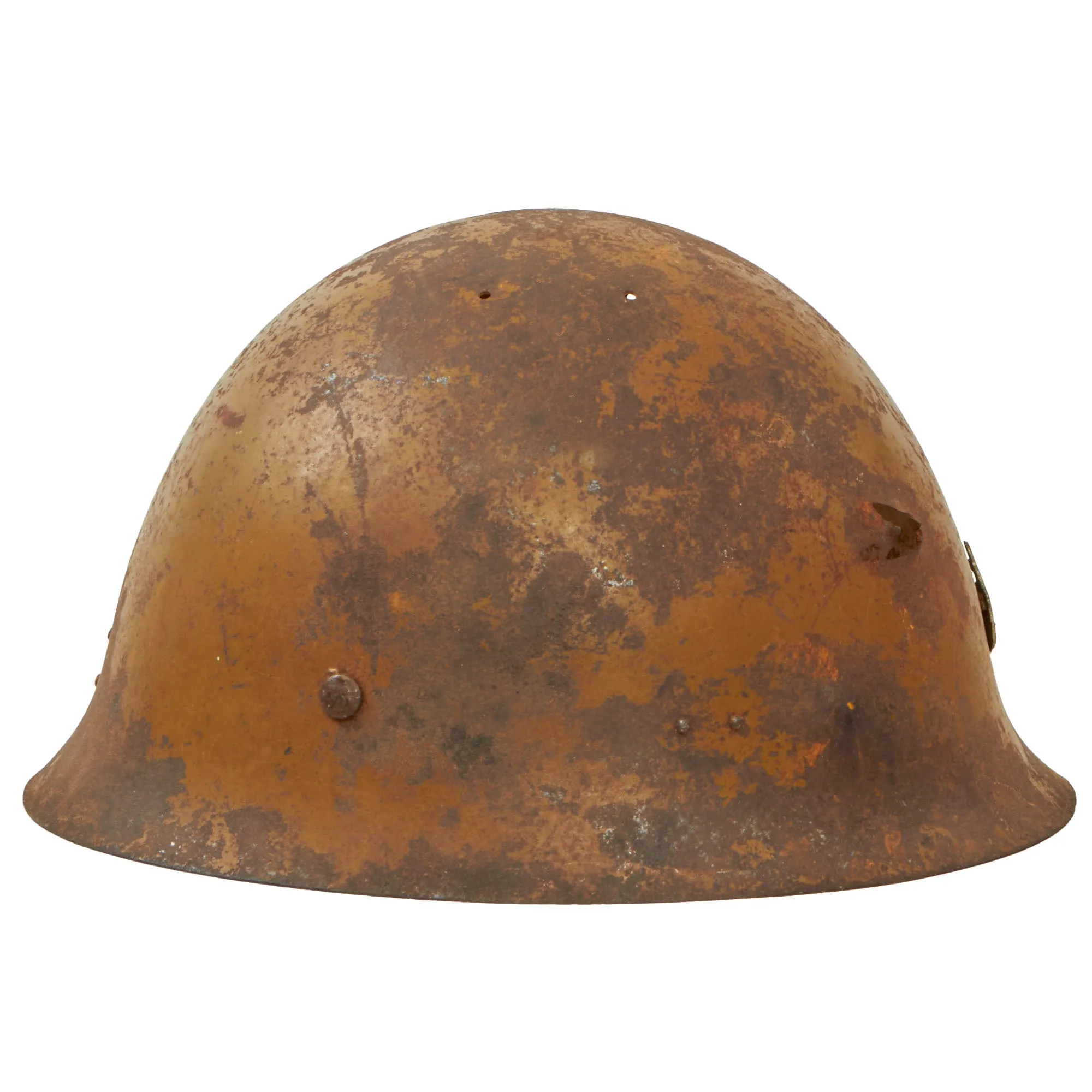 Original WWII Japanese Special Naval Landing Forces (SNLF) Helmet Shell with Metal Badge Insignia - “Battle Damaged”