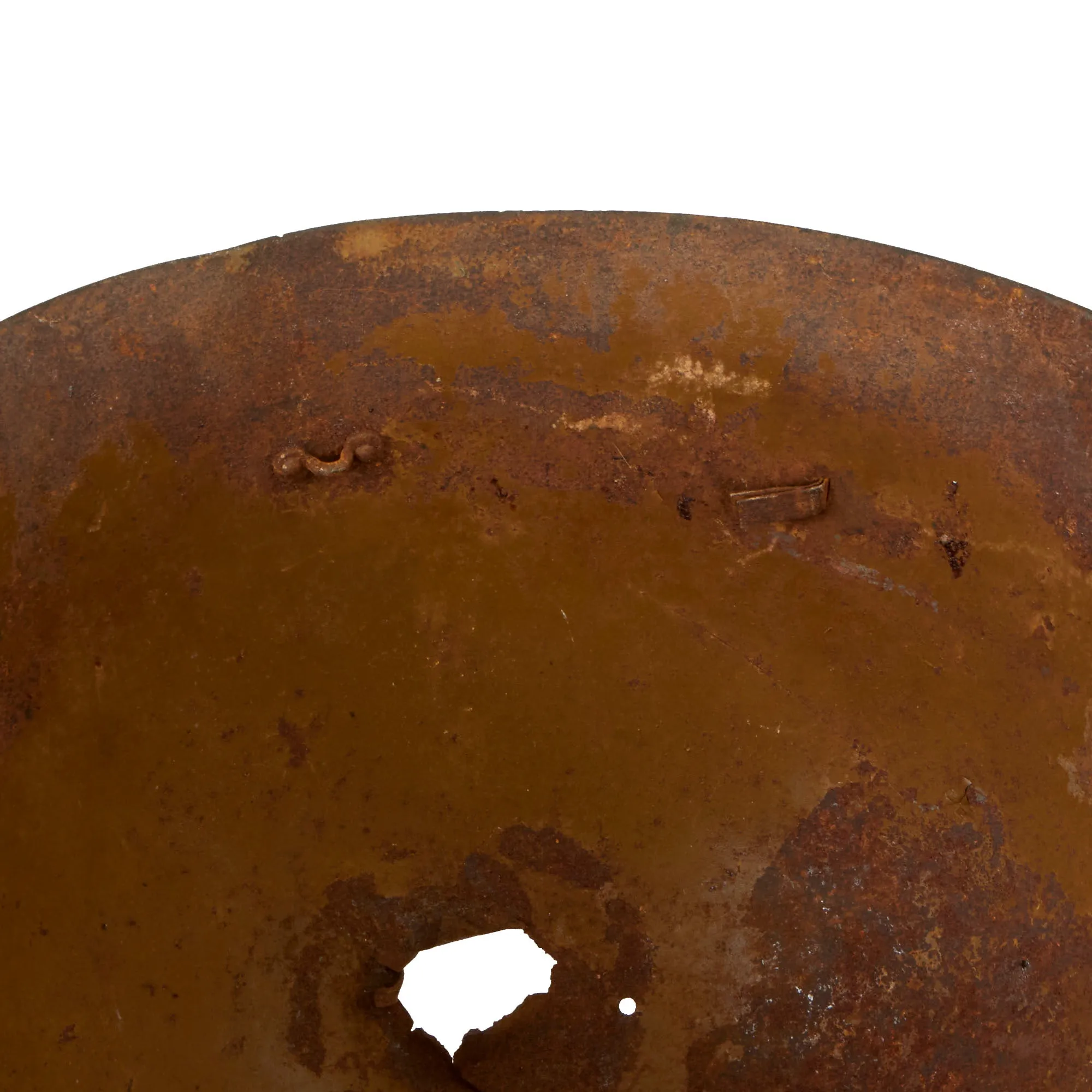 Original WWII Japanese Special Naval Landing Forces (SNLF) Helmet Shell with Metal Badge Insignia - “Battle Damaged”