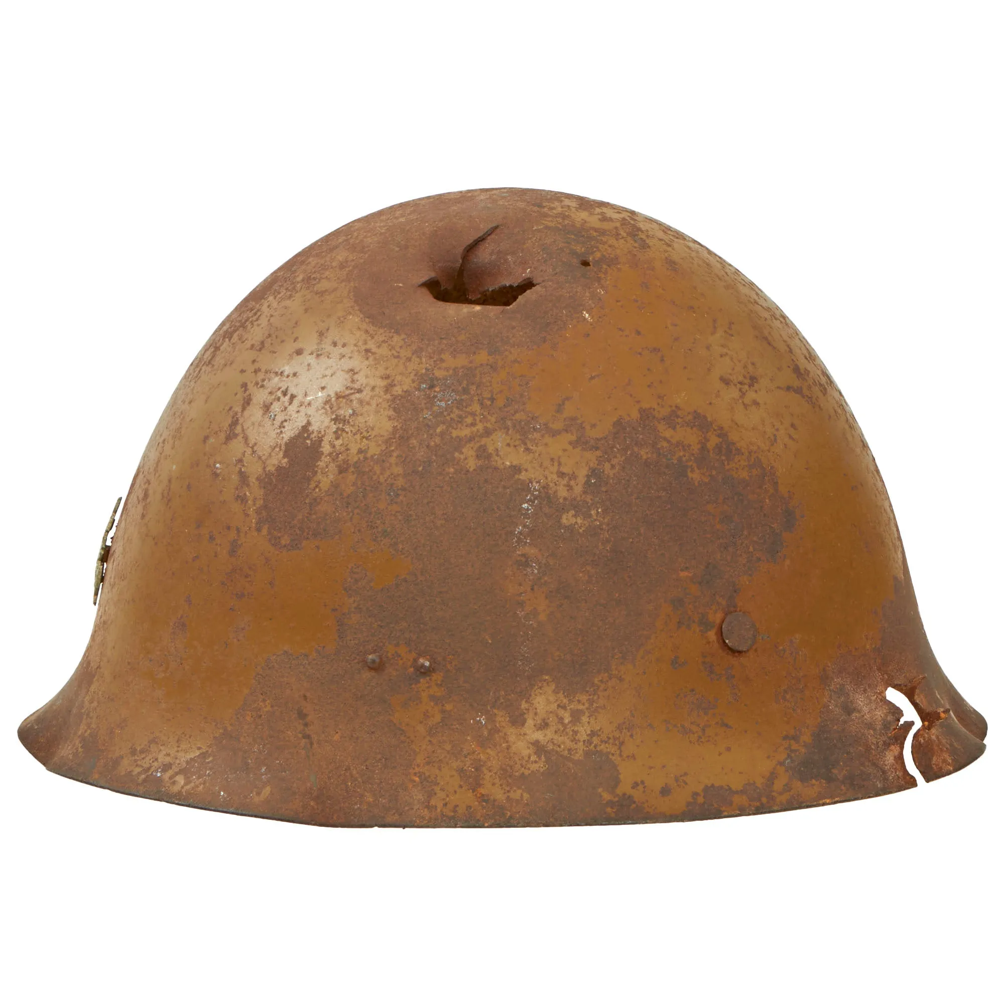 Original WWII Japanese Special Naval Landing Forces (SNLF) Helmet Shell with Metal Badge Insignia - “Battle Damaged”