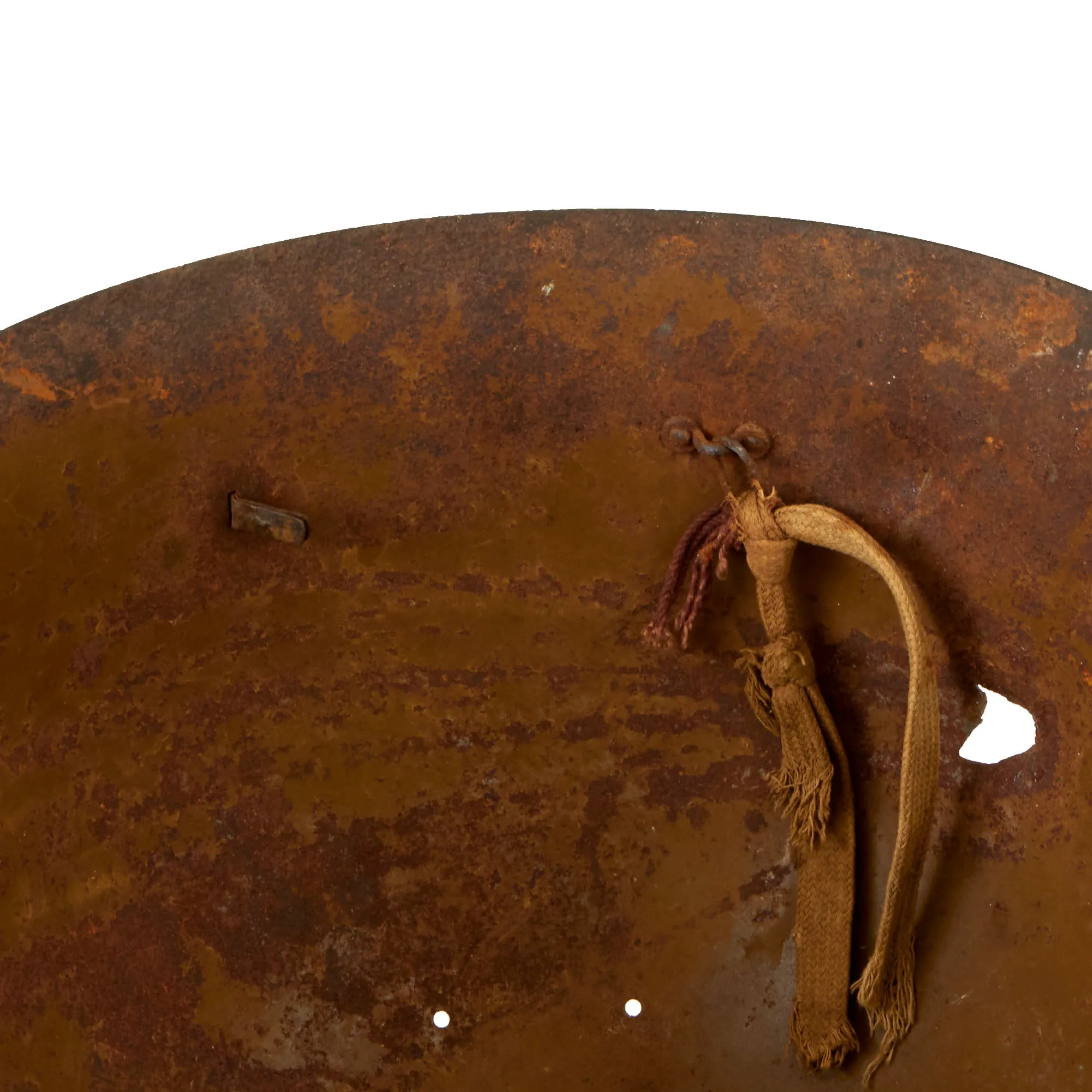 Original WWII Japanese Special Naval Landing Forces (SNLF) Helmet Shell with Metal Badge Insignia - “Battle Damaged”