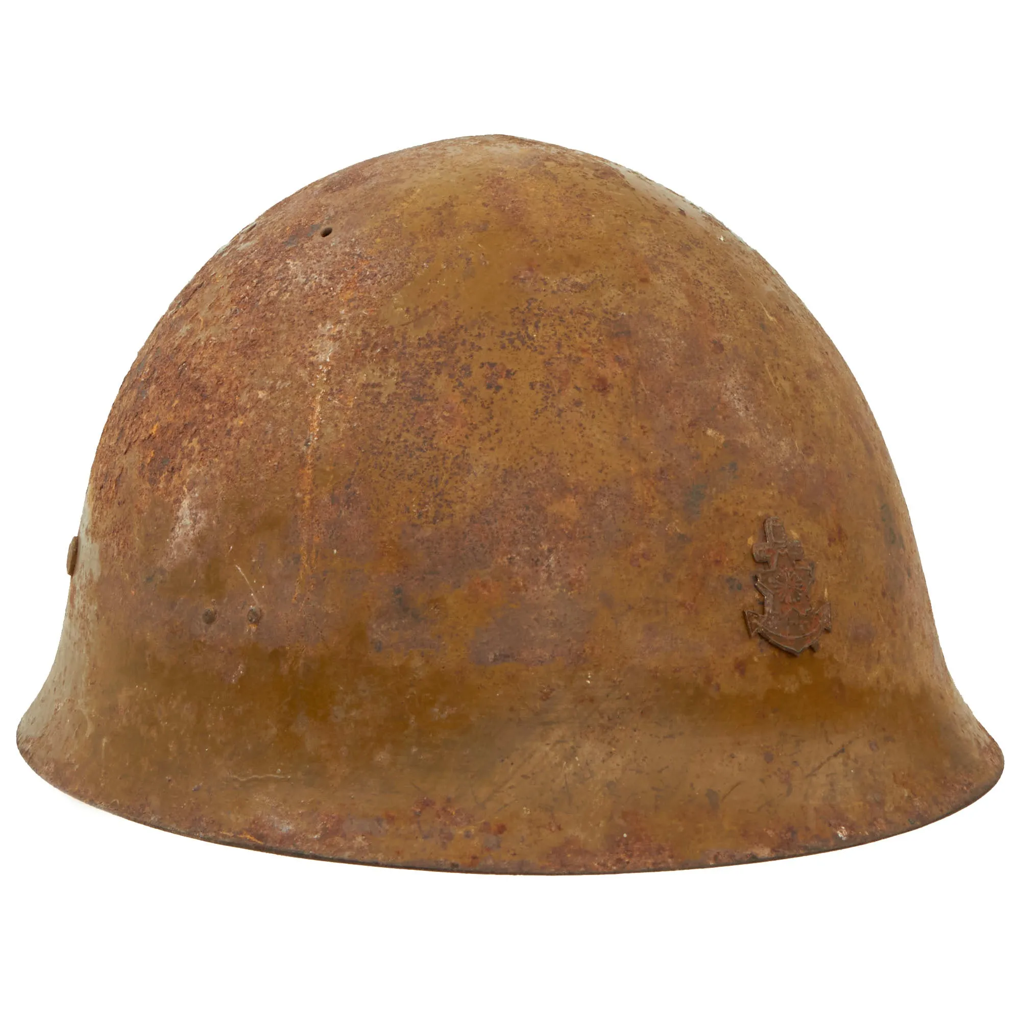 Original WWII Japanese Special Naval Landing Forces (SNLF) Helmet with Metal Badge Insignia - Complete