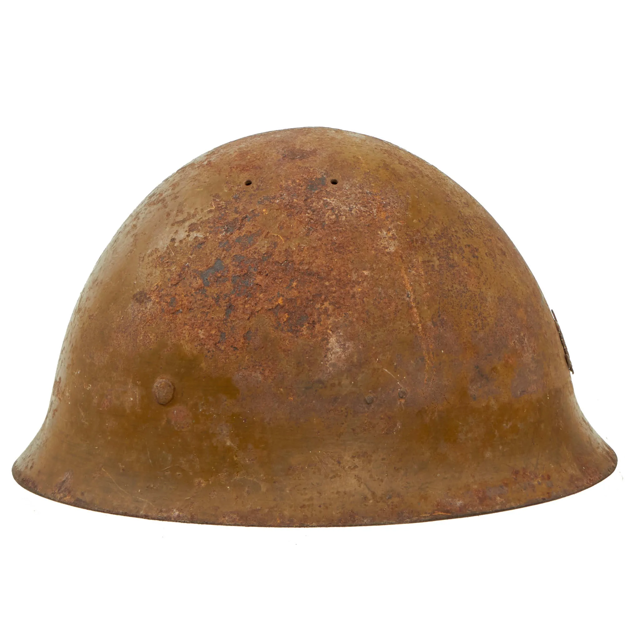 Original WWII Japanese Special Naval Landing Forces (SNLF) Helmet with Metal Badge Insignia - Complete