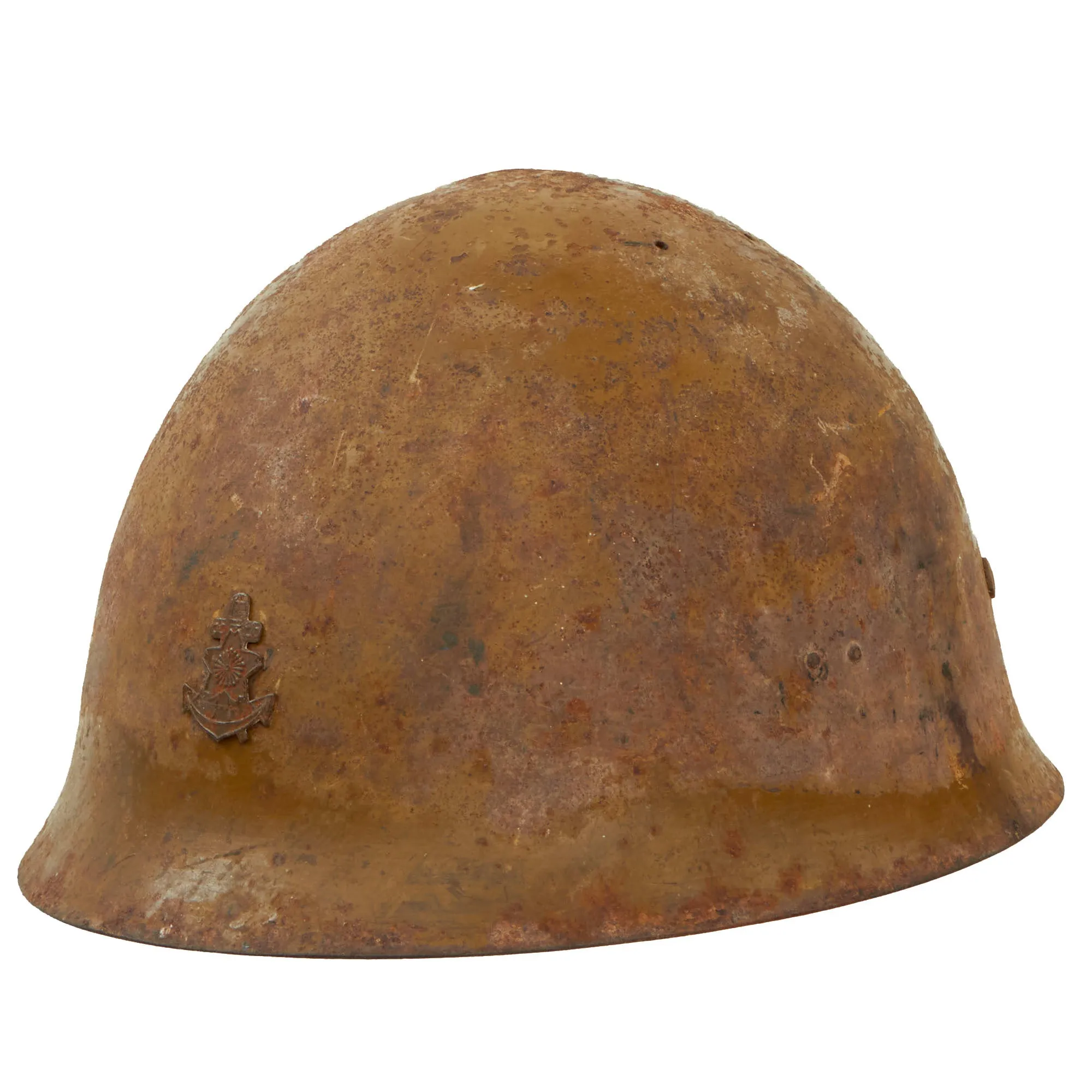 Original WWII Japanese Special Naval Landing Forces (SNLF) Helmet with Metal Badge Insignia - Complete