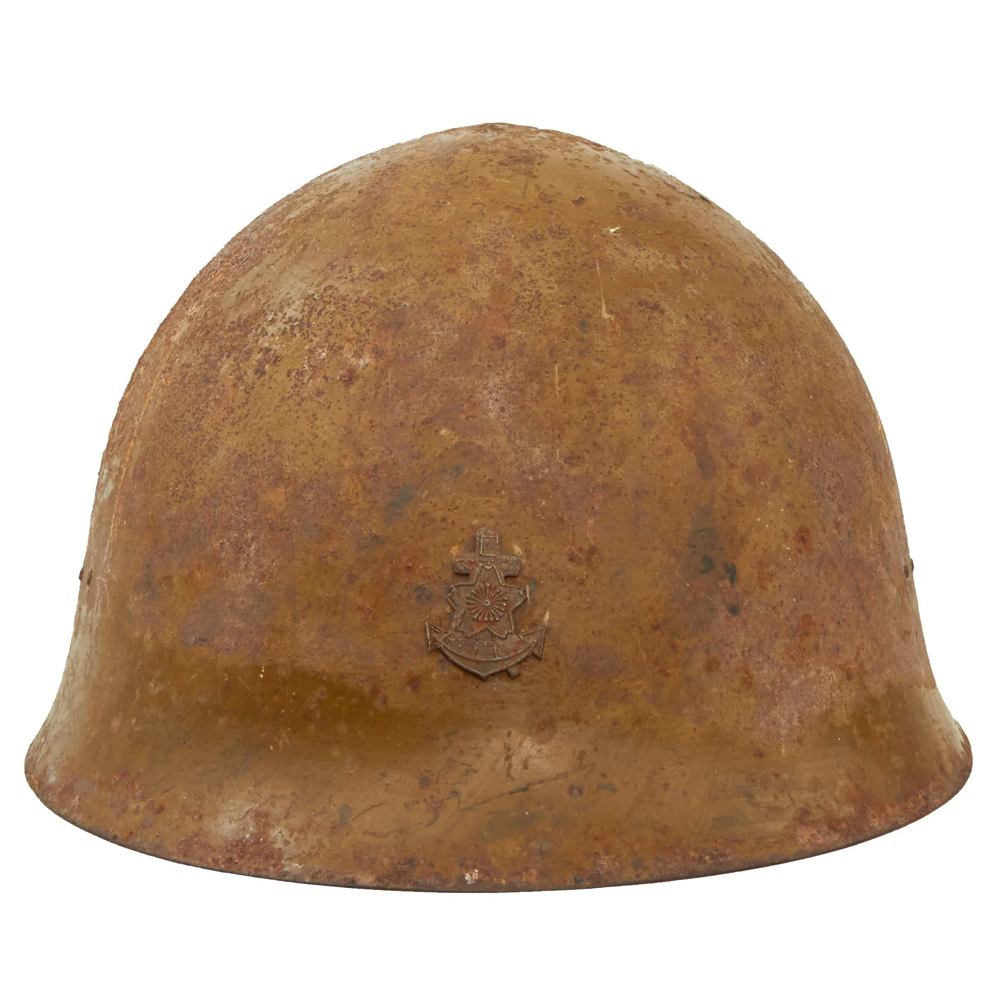 Original WWII Japanese Special Naval Landing Forces (SNLF) Helmet with Metal Badge Insignia - Complete