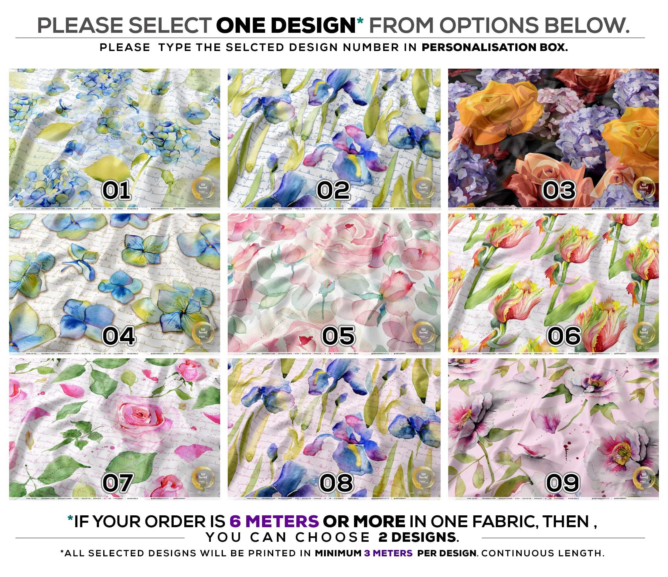 Painted Floral Apparel Fabric 3Meters , 9 Designs | 8 Fabrics Option | Fabric By the Yard | D20165