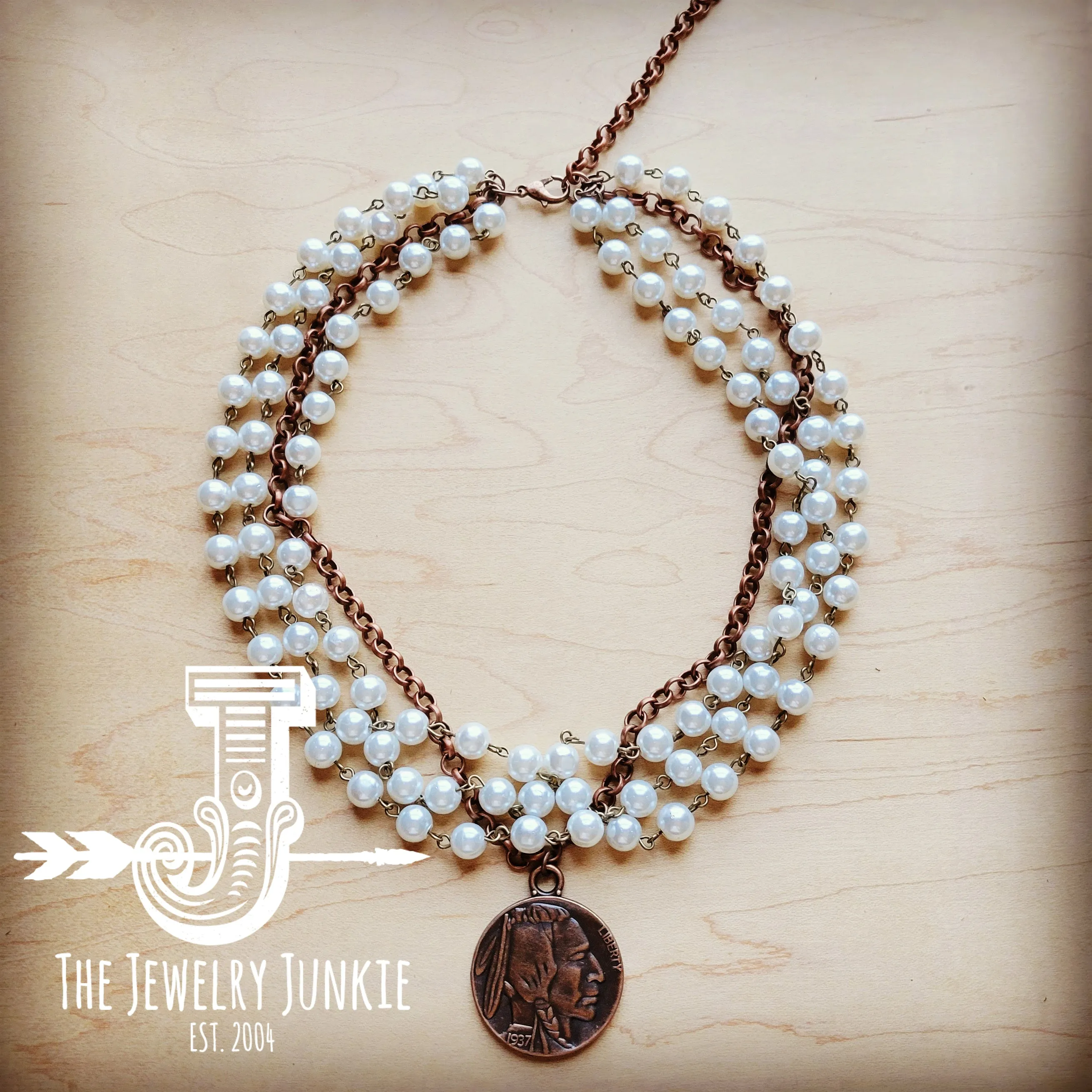 Pearl and Copper Collar-Length Necklace with Indian Coin 255w