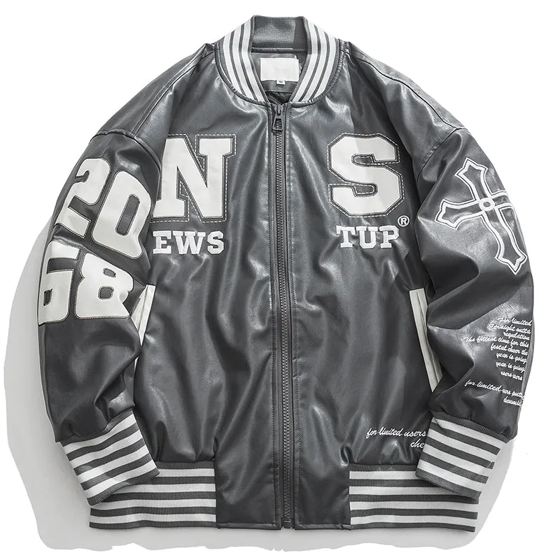 PopFlying Leather Jacket Embroidery Letter