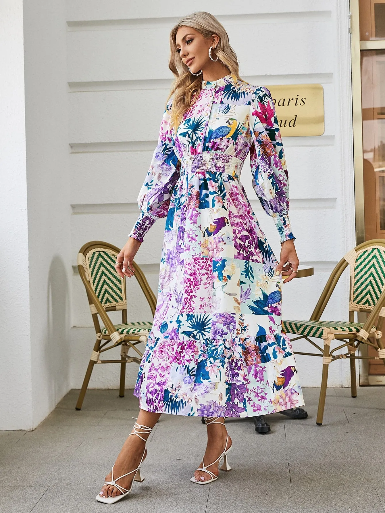 Puff sleeve print women shirt dress Boho elastic waist button patchwork office dresses Holiday floral split maxi vestido