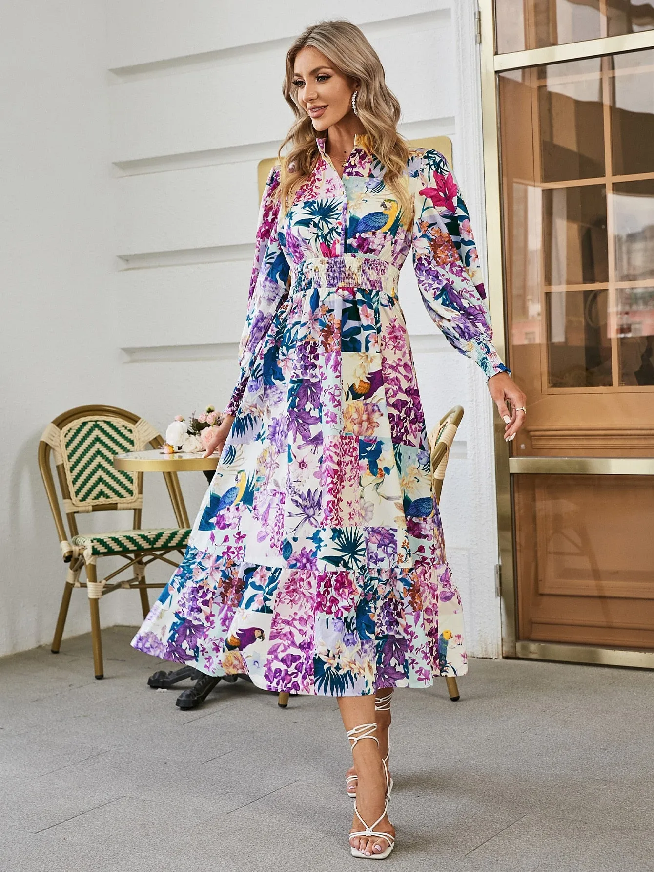 Puff sleeve print women shirt dress Boho elastic waist button patchwork office dresses Holiday floral split maxi vestido