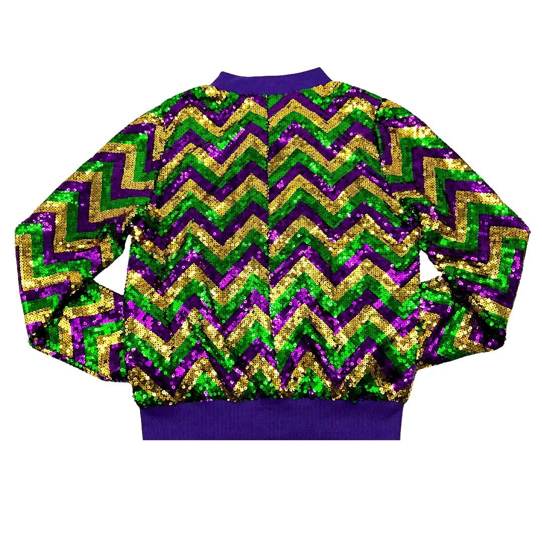 Purple, Green, and Gold Mardi Gras Chevron Sequin Bomber Jacket (Each)