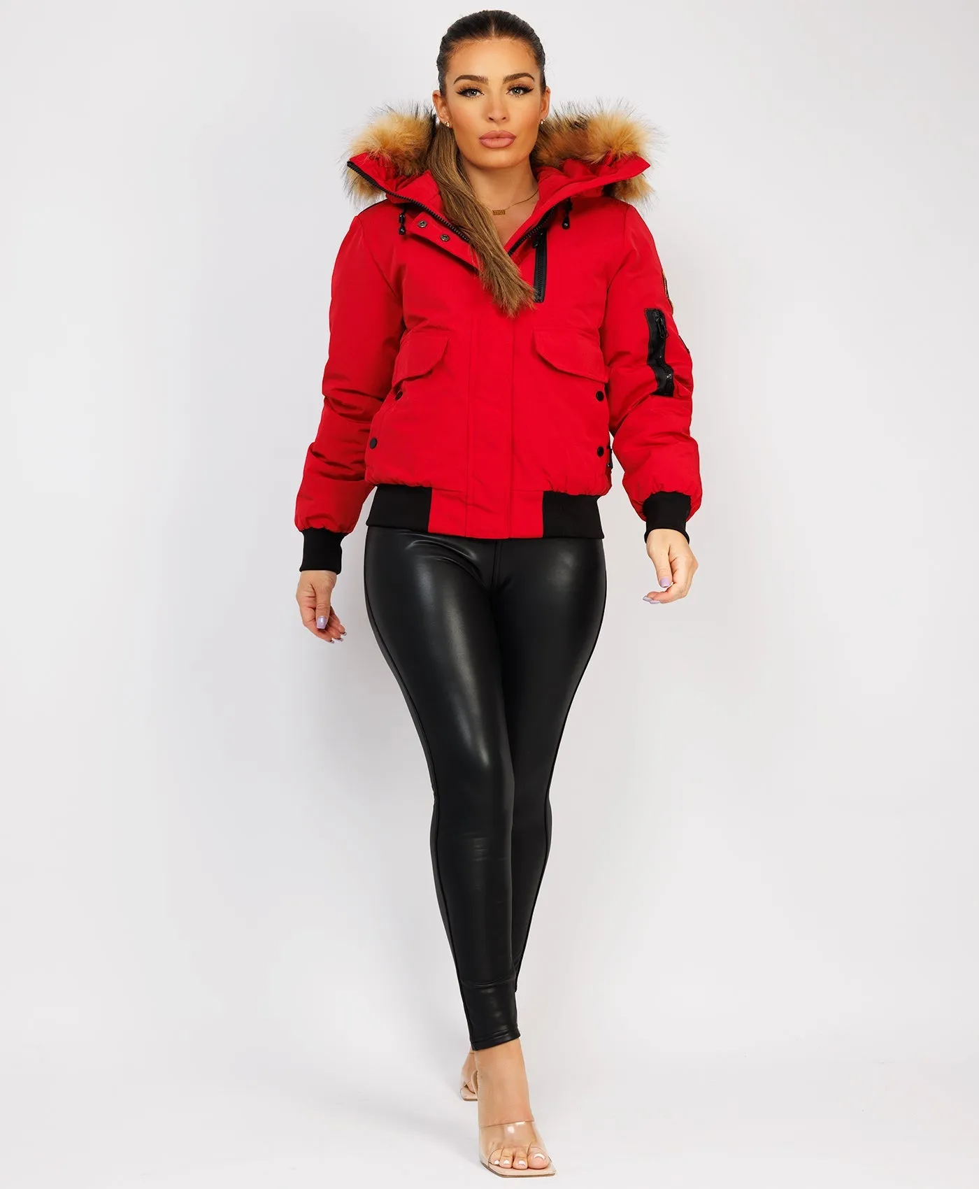 Red Canada Bomber Jacket With Fur Hood