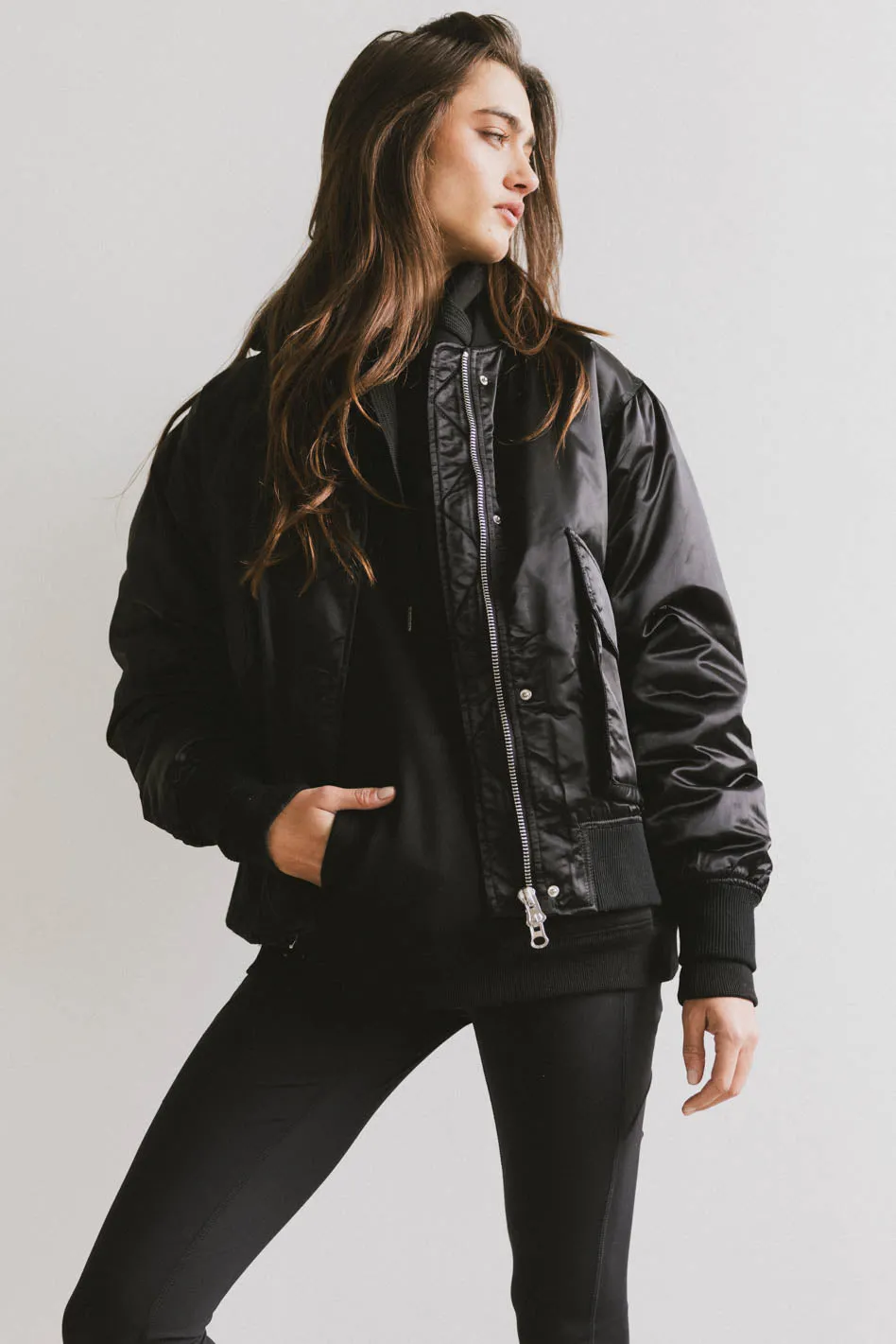 Rylee Satin Bomber Jacket in Black