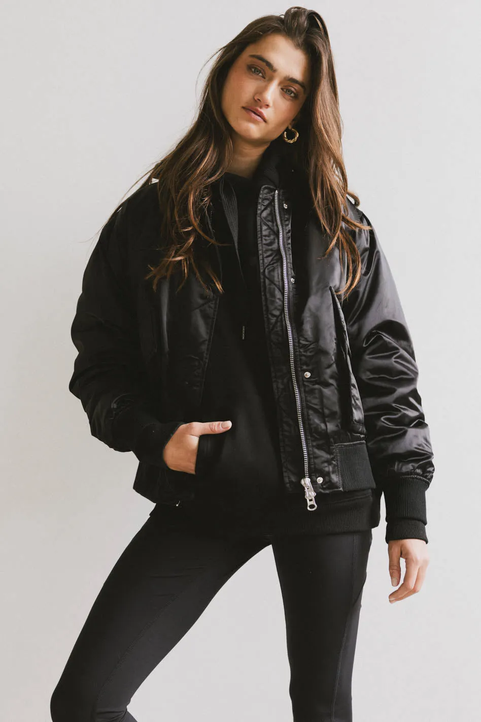 Rylee Satin Bomber Jacket in Black