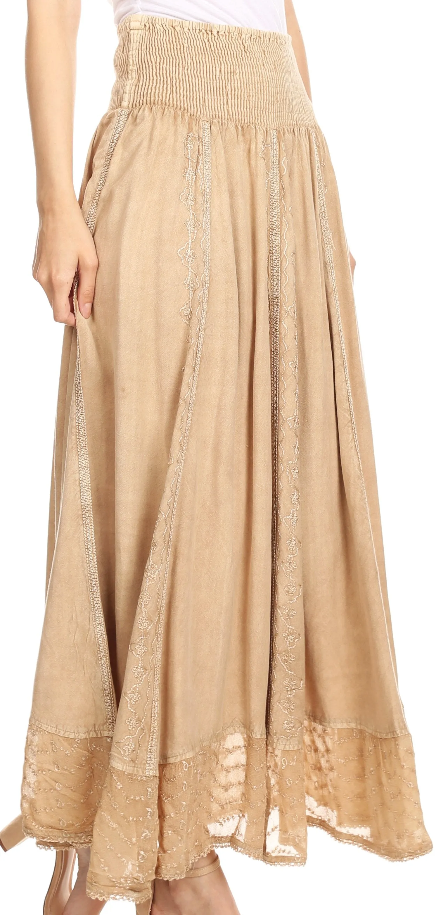 Sakkas Ines Womens Gypsy Maxi Bohemian Long Skirt With Elastic Smock Waist & Lace