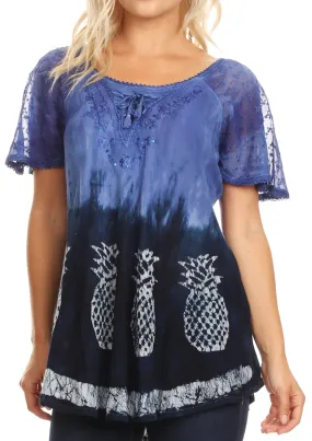 Sakkas Ivanna Womens Short Raglan Lace Sleeve Flowy Top Blouse Tie-dye & Batik