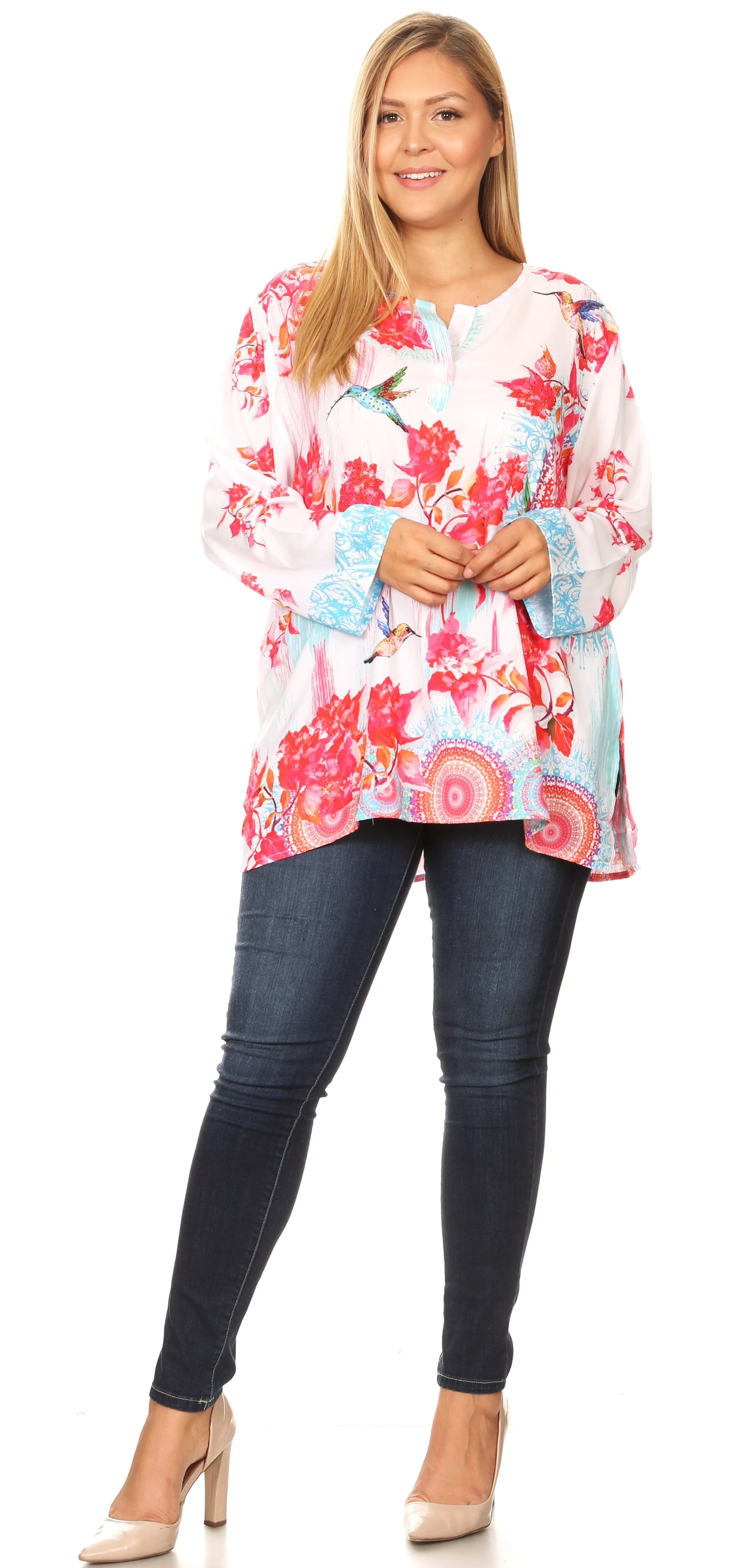 Sakkas Linea Women's Casual Floral Print Long Sleeve Swing Boho Pullover Tunic Top