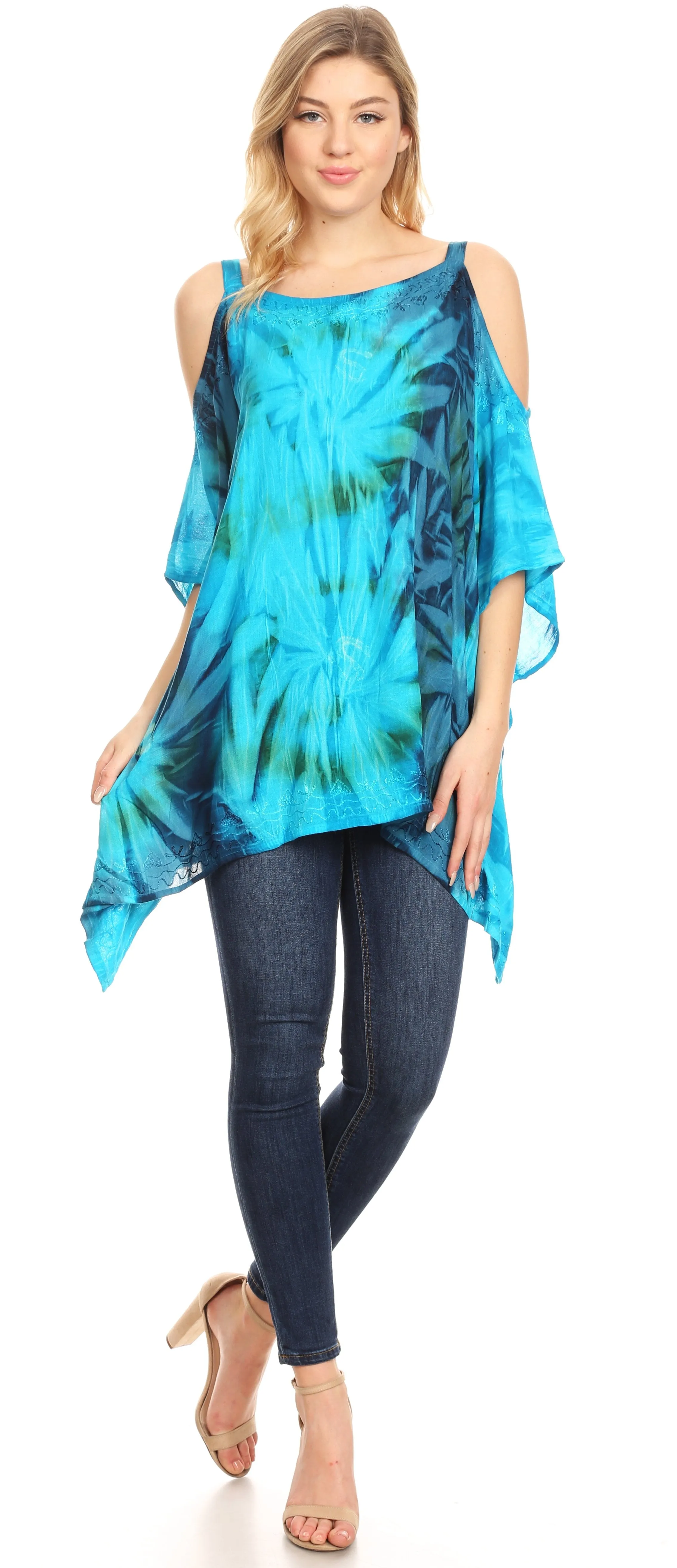 Sakkas Lucia Women's Tie Dye Embroidered Cold Shoulder Loose Tunic Blouse Top Tank