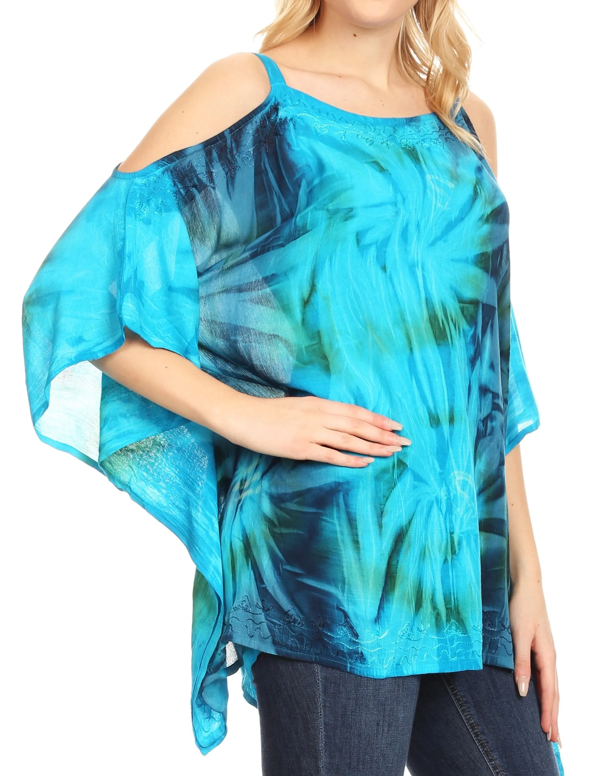 Sakkas Lucia Women's Tie Dye Embroidered Cold Shoulder Loose Tunic Blouse Top Tank