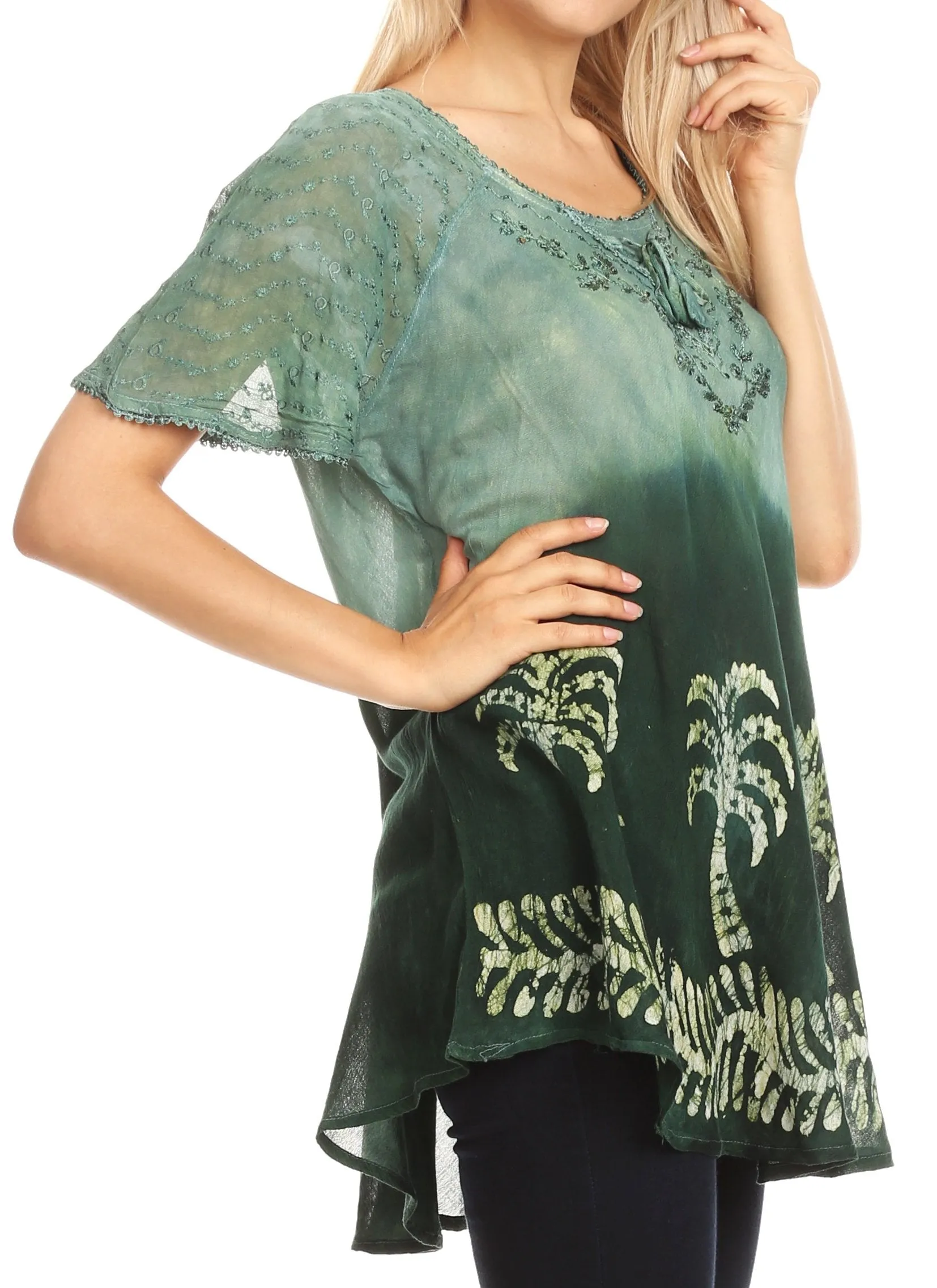 Sakkas Magda Womens Short Sleeve Flare Bohemian Blouse Top Lace Batik Printed