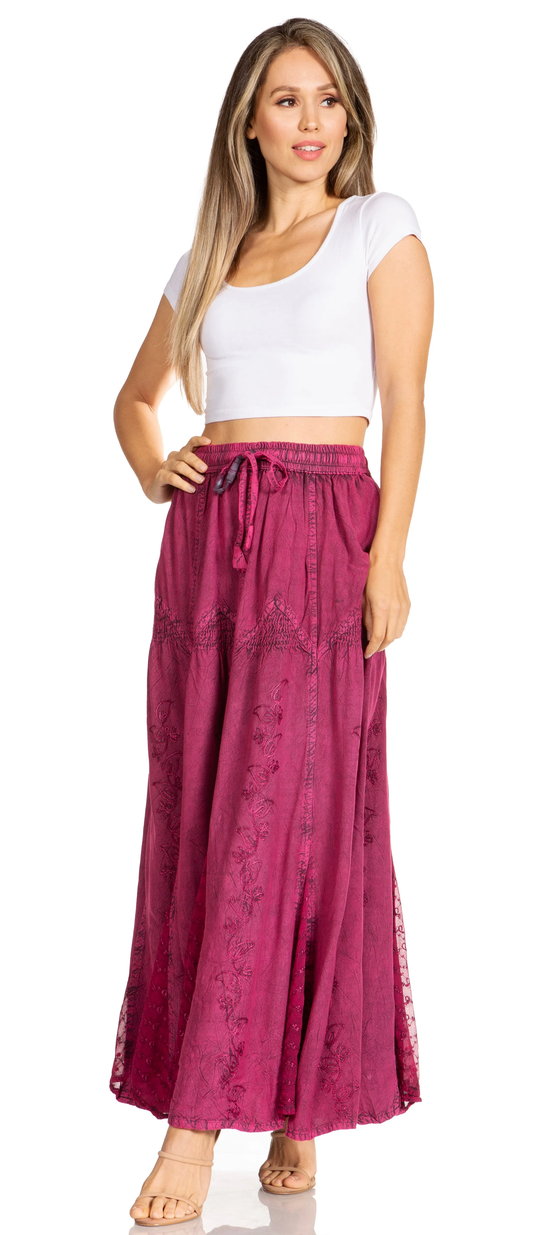 Sakkas Olivia Womens Maxi Bohemian Gypsy Long Skirt With Elastic Waist and Lace