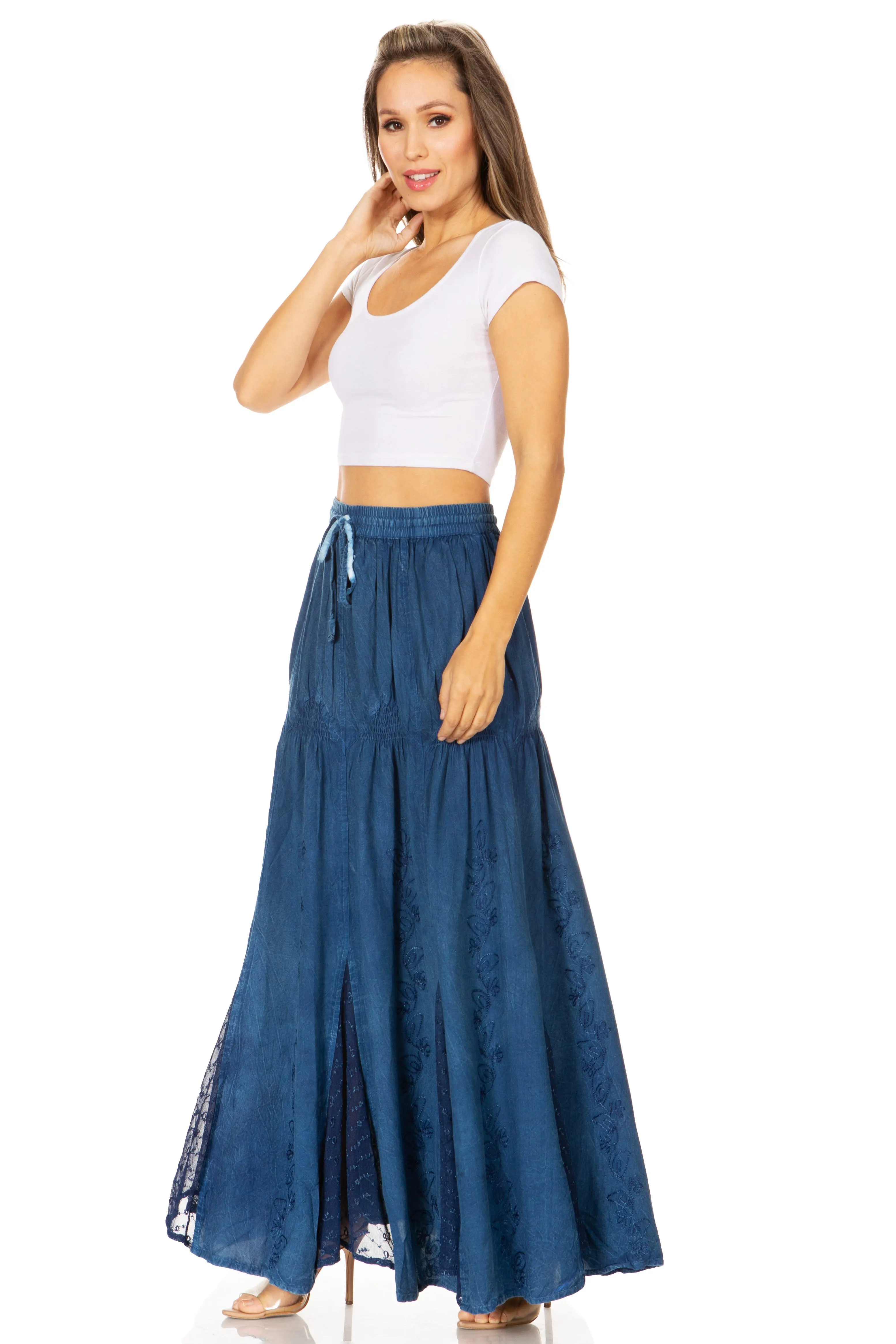 Sakkas Olivia Womens Maxi Bohemian Gypsy Long Skirt With Elastic Waist and Lace