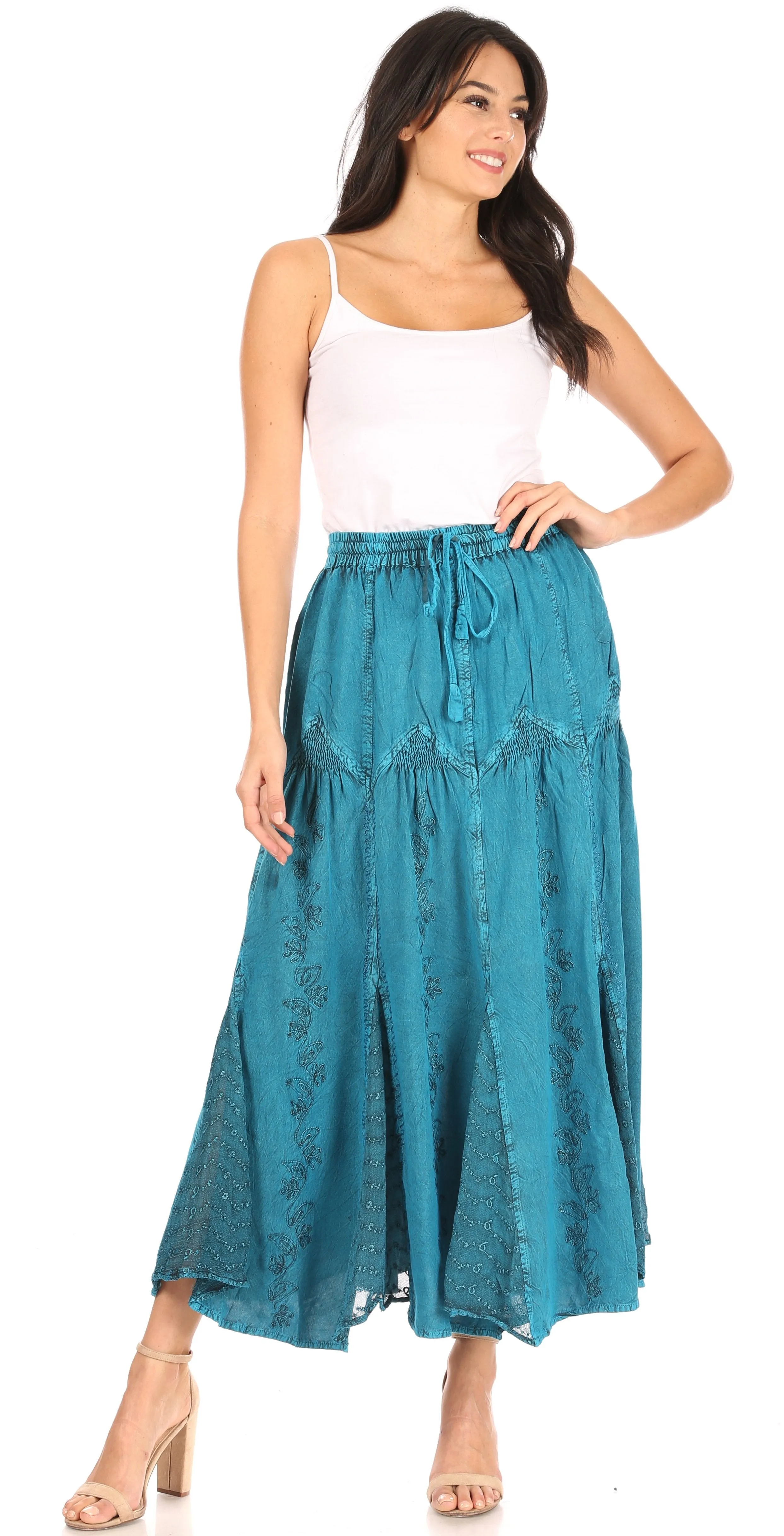 Sakkas Olivia Womens Maxi Bohemian Gypsy Long Skirt With Elastic Waist and Lace