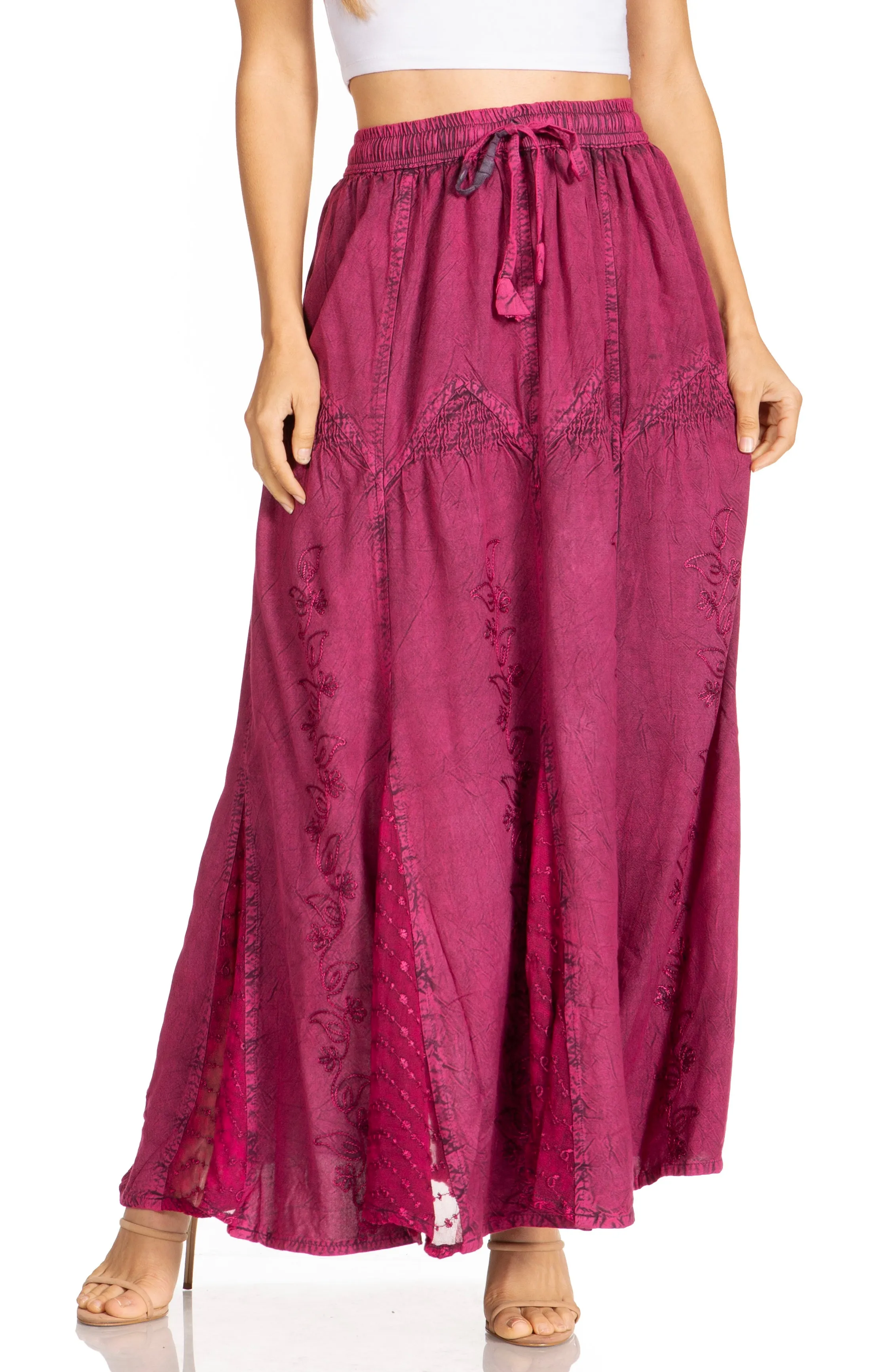 Sakkas Olivia Womens Maxi Bohemian Gypsy Long Skirt With Elastic Waist and Lace